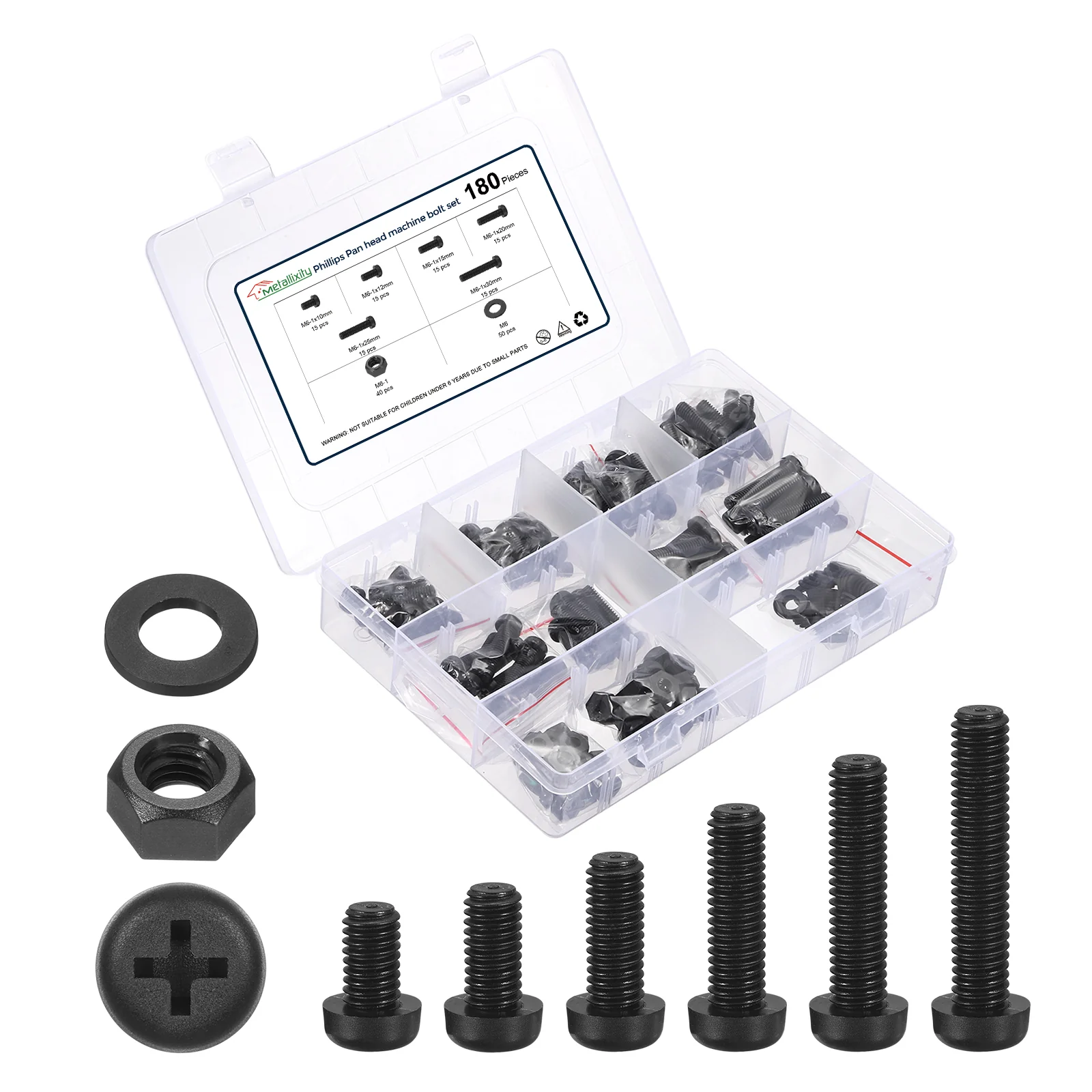 Phillips Pan Head Bolts Kit M6-1 180Pcs Nylon with Nut Washer for Door Window