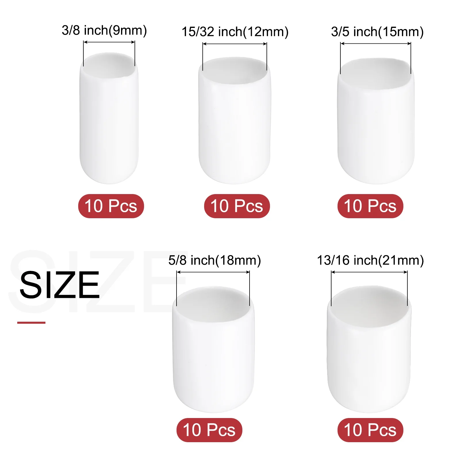 Uxcell 50pcs Rubber End Caps Protective Caps 9mm 12mm 15mm 18mm 21mm White - Image 2