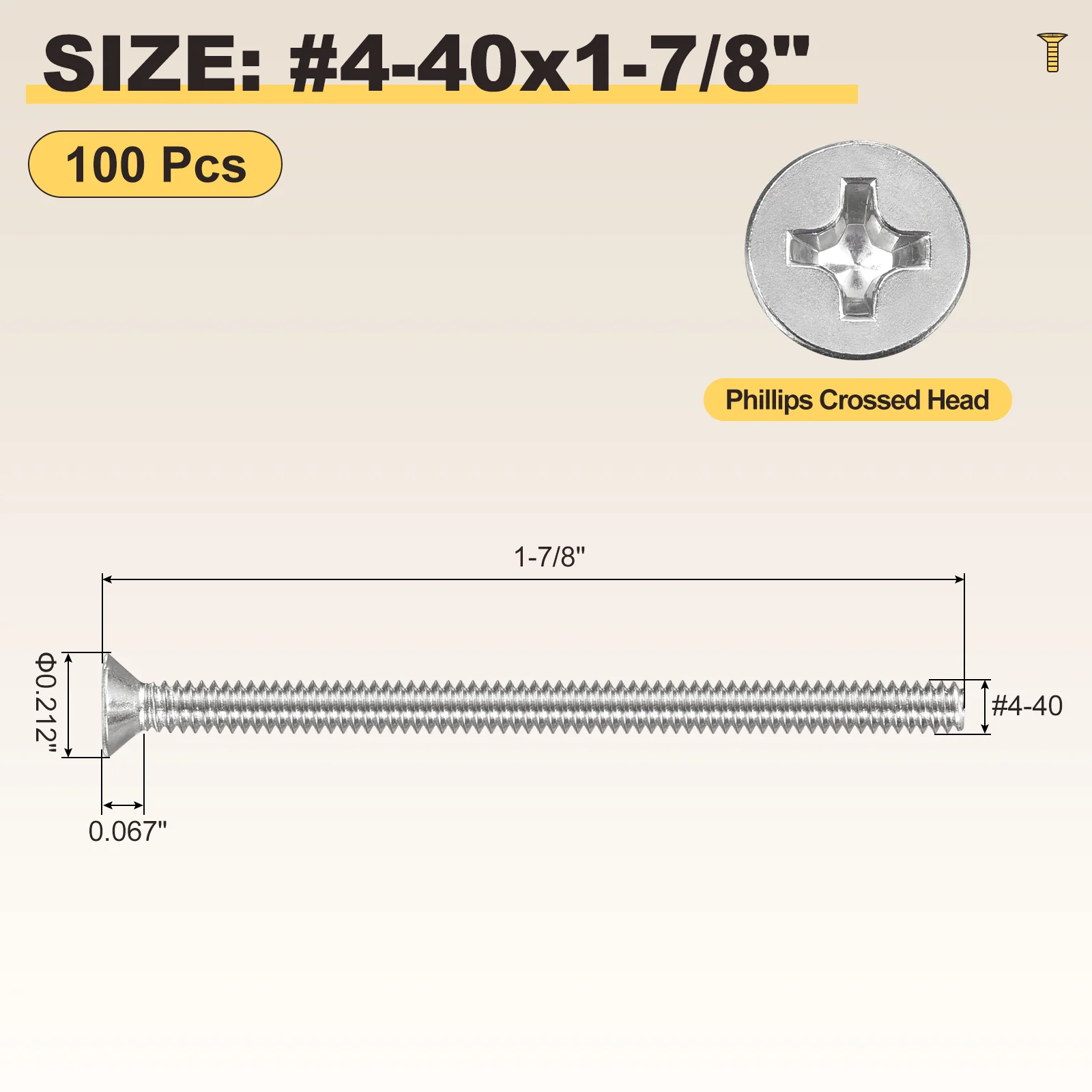 Countersunk Head Bolts #4-40x1-7/8" 100Pcs Stainless Steel for Home Silver - Image 2