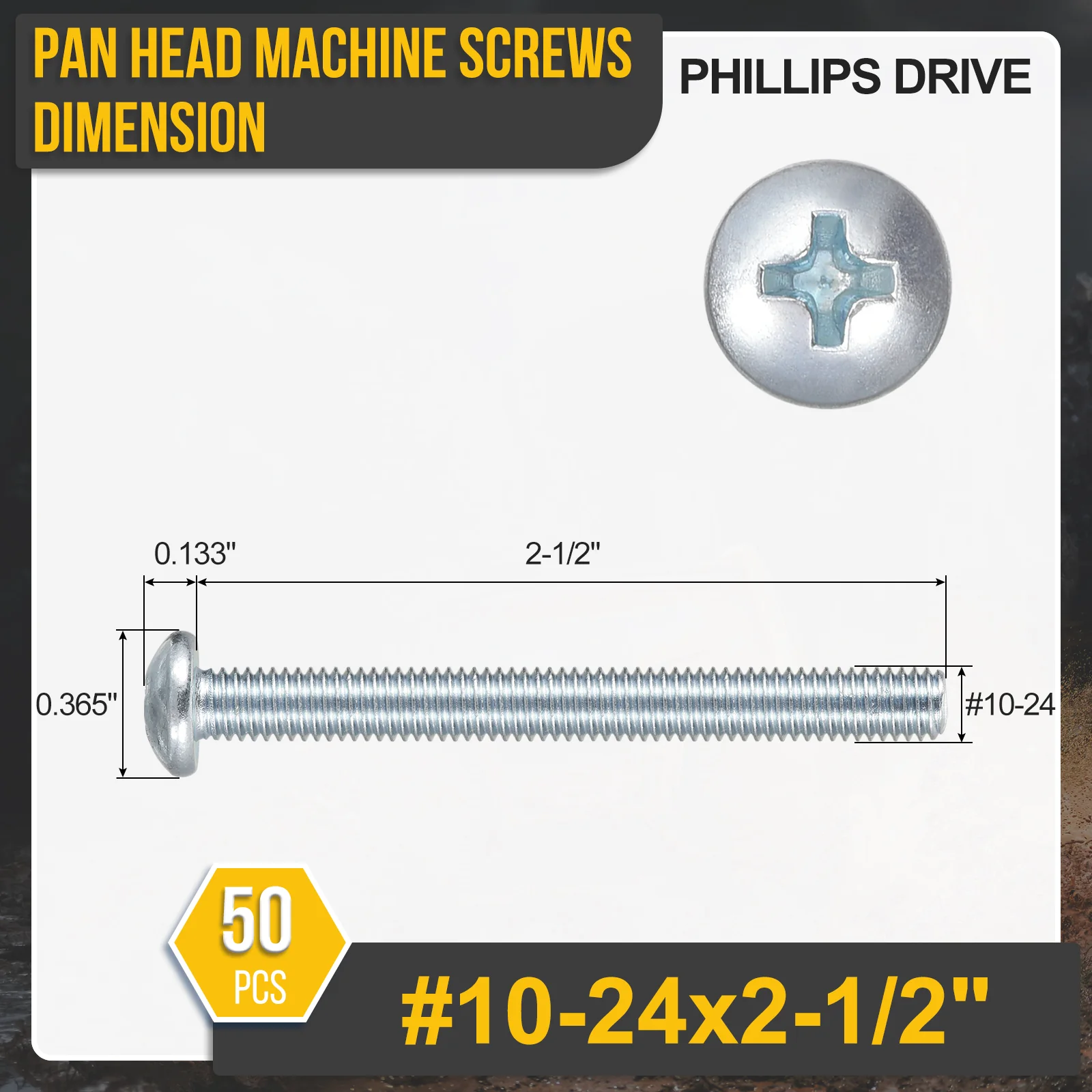 #10-24x2-1/2" Pan Head Machine Screws -50pcs -Carbon Steel - Zinc Coated - Image 2
