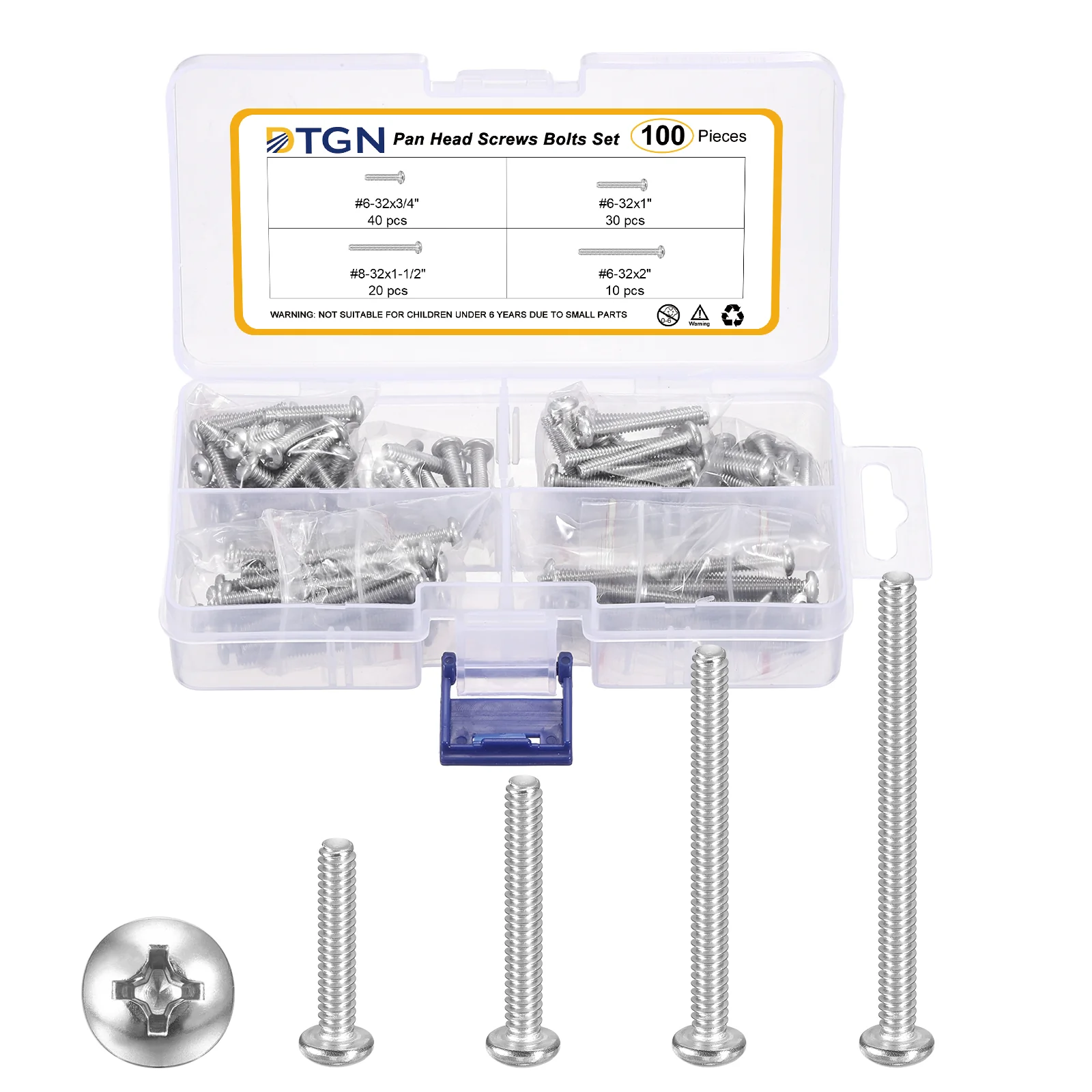 #6-32 Pan Head Bolts Assorted Set 100pcs 304 Stainless Steel Washed Silver