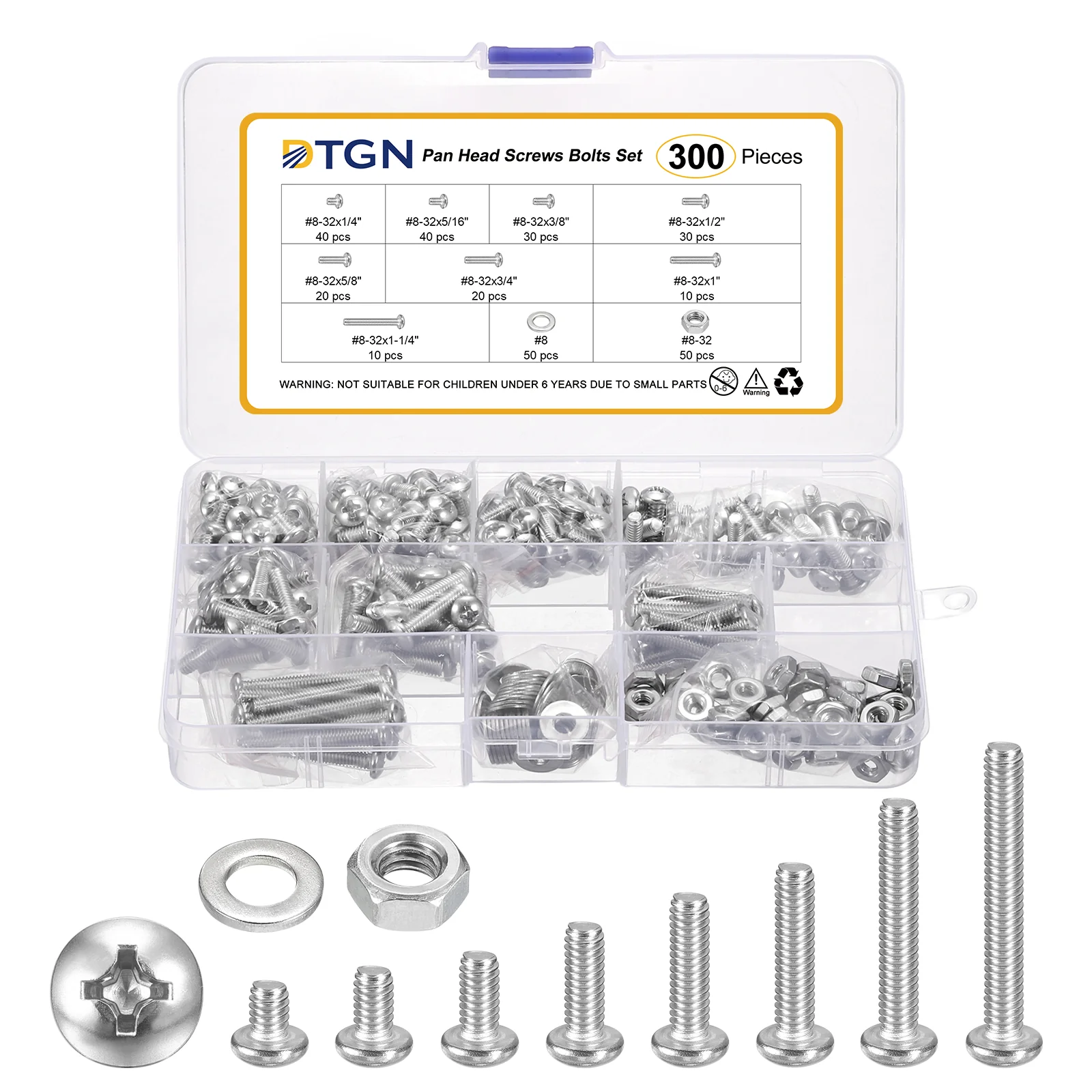 #8-32 Pan Head Bolt Nut Washer Kit-300pcs-Outdoor Indoor Fasten Metal