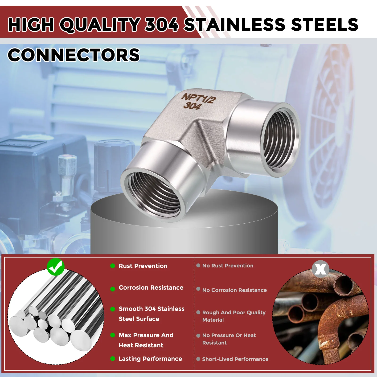 Packs of 2, 90° 3/8" FNPT to 3/8" FNPT Solid Stainless Elbow W/ Sealing Tapes - Image 5