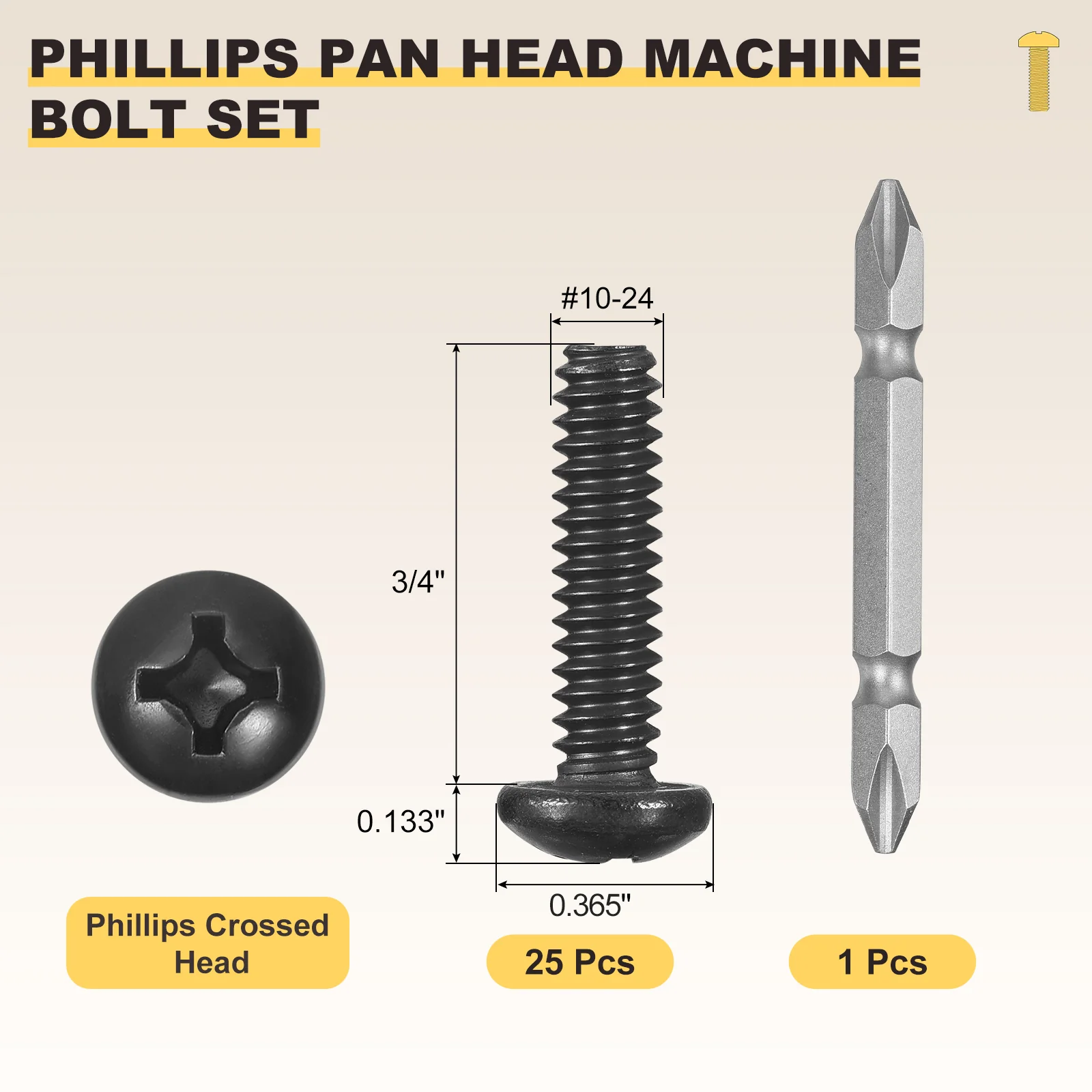 Phillips Pan Head Bolts Kit (#10-24x3/4") 25Pcs Stainless Steel Screwdriver Bit - Image 2