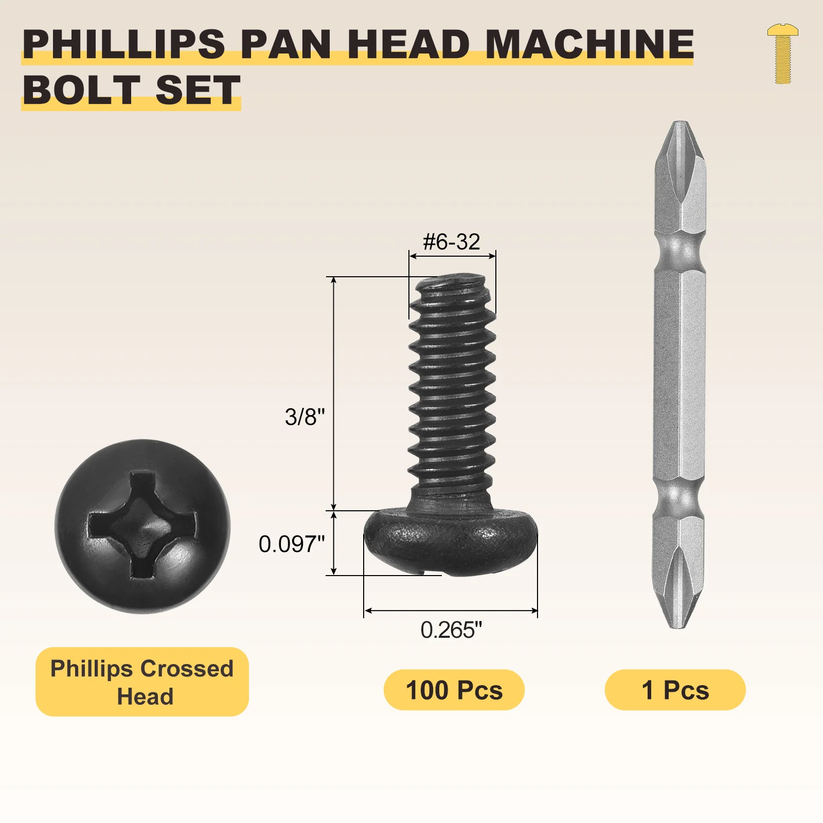 Phillips Pan Head Bolts Kit (#6-32x3/8") 100Pcs Stainless Steel Screwdriver Bit - Image 2