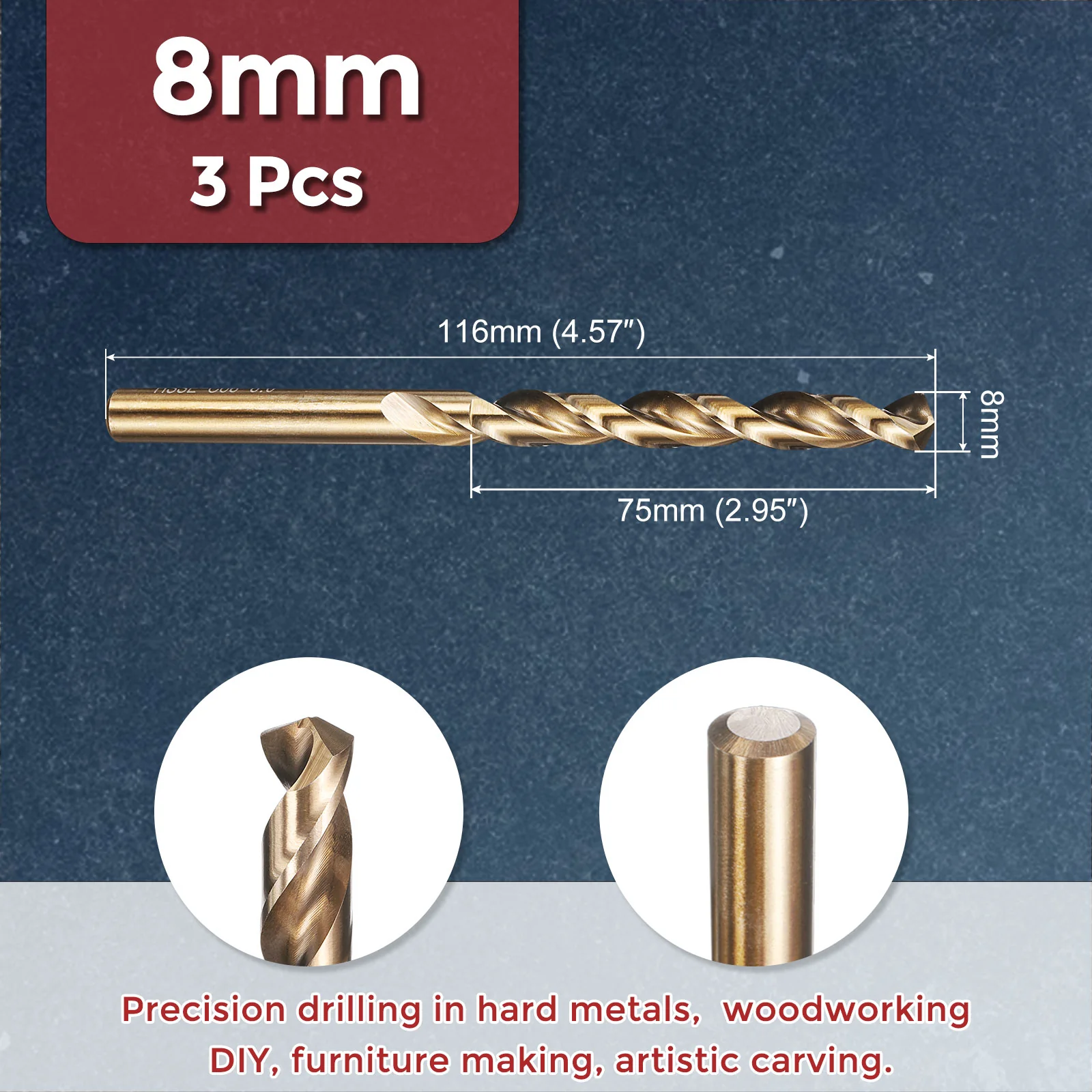 3pcs Drill Bit - 8mm HSS Cobalt Gold for Woodworking Handicraft Use - Image 2