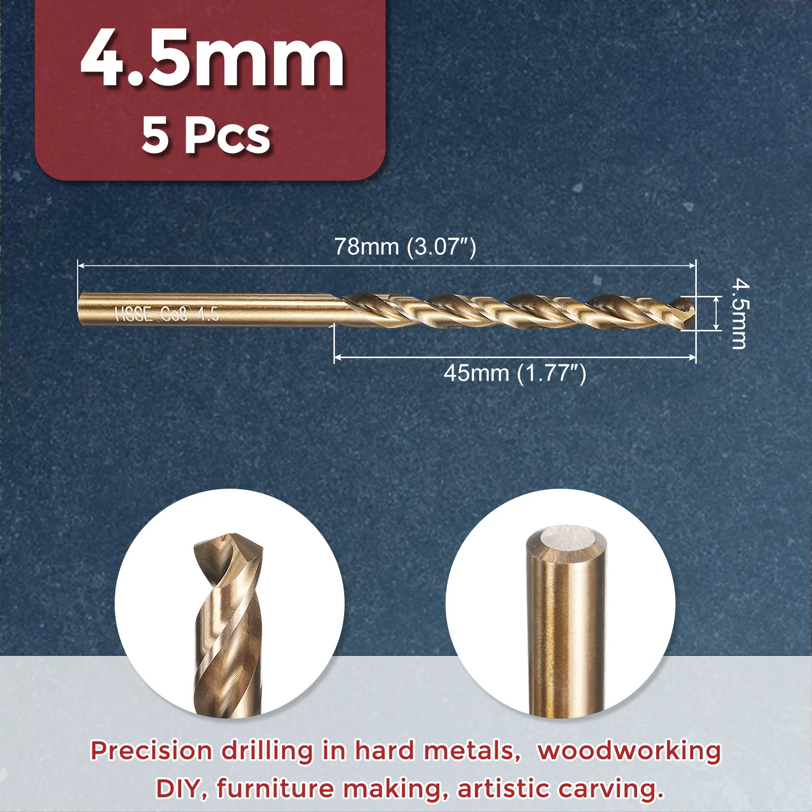 5pcs Drill Bit - 4.5mm HSS Cobalt Gold for Woodworking Handicraft Use - Image 2