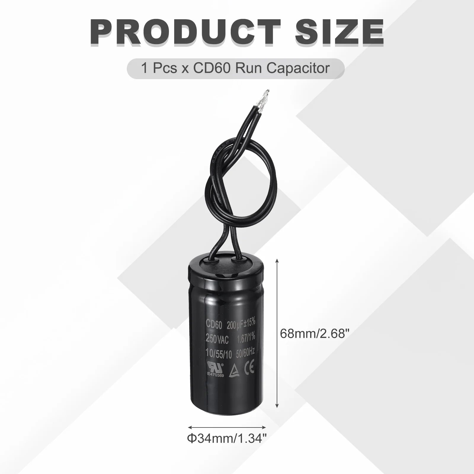 CD60 Run Capacitor, 200uF 250VAC 50/60Hz 2 Black Wires - Image 2