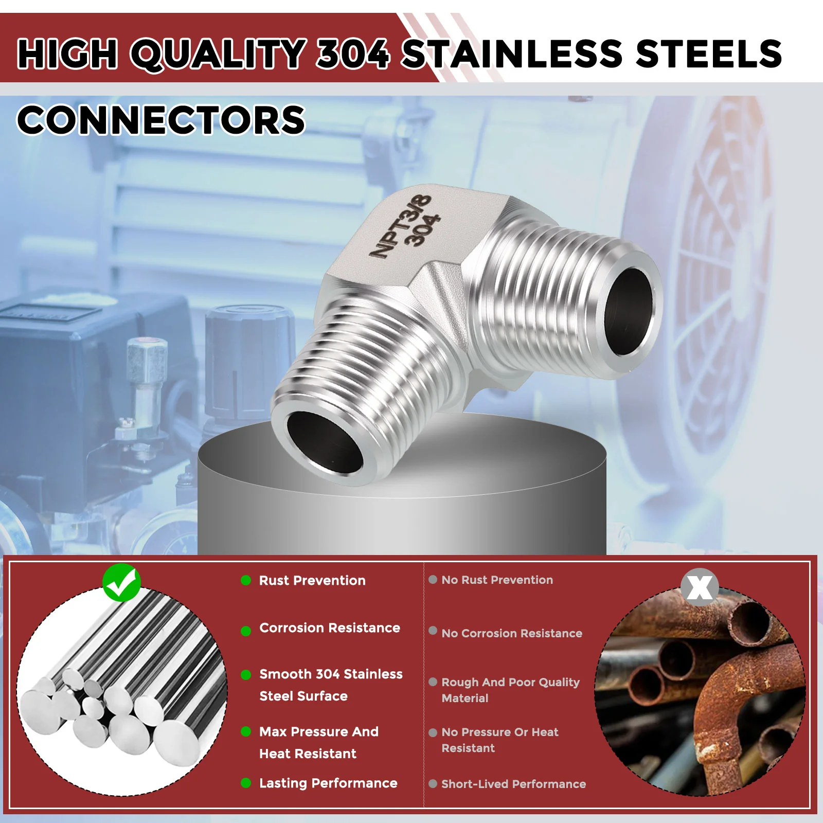 Packs of 2, 90° 3/8" MNPT to 3/8" MNPT Solid Stainless Elbows W/ Sealing Tapes - Image 5
