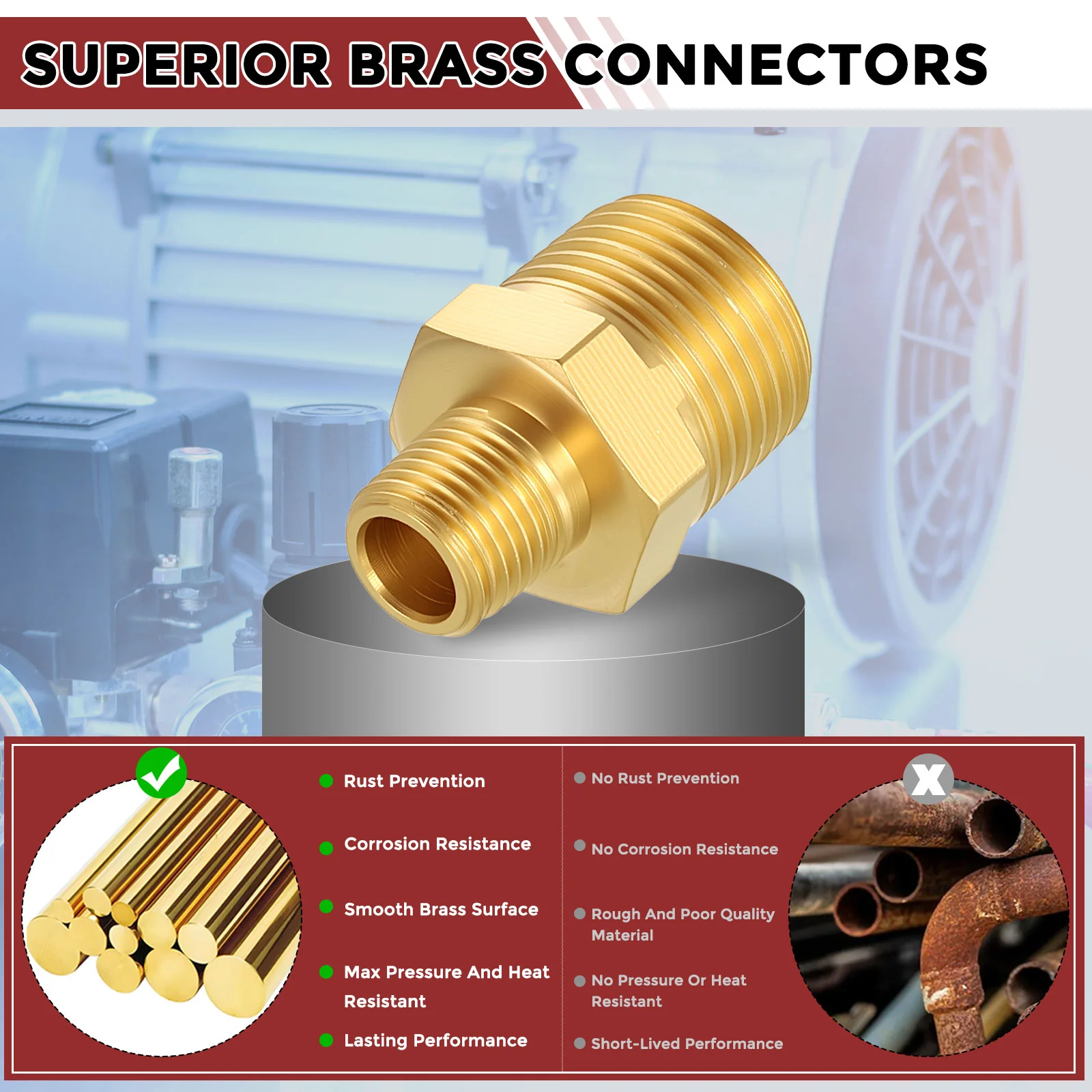Pack of 5, 3/8" Male NPT to 1/8" Male NPT Solid Brass Hex Nipple Hose Connectors - Image 5