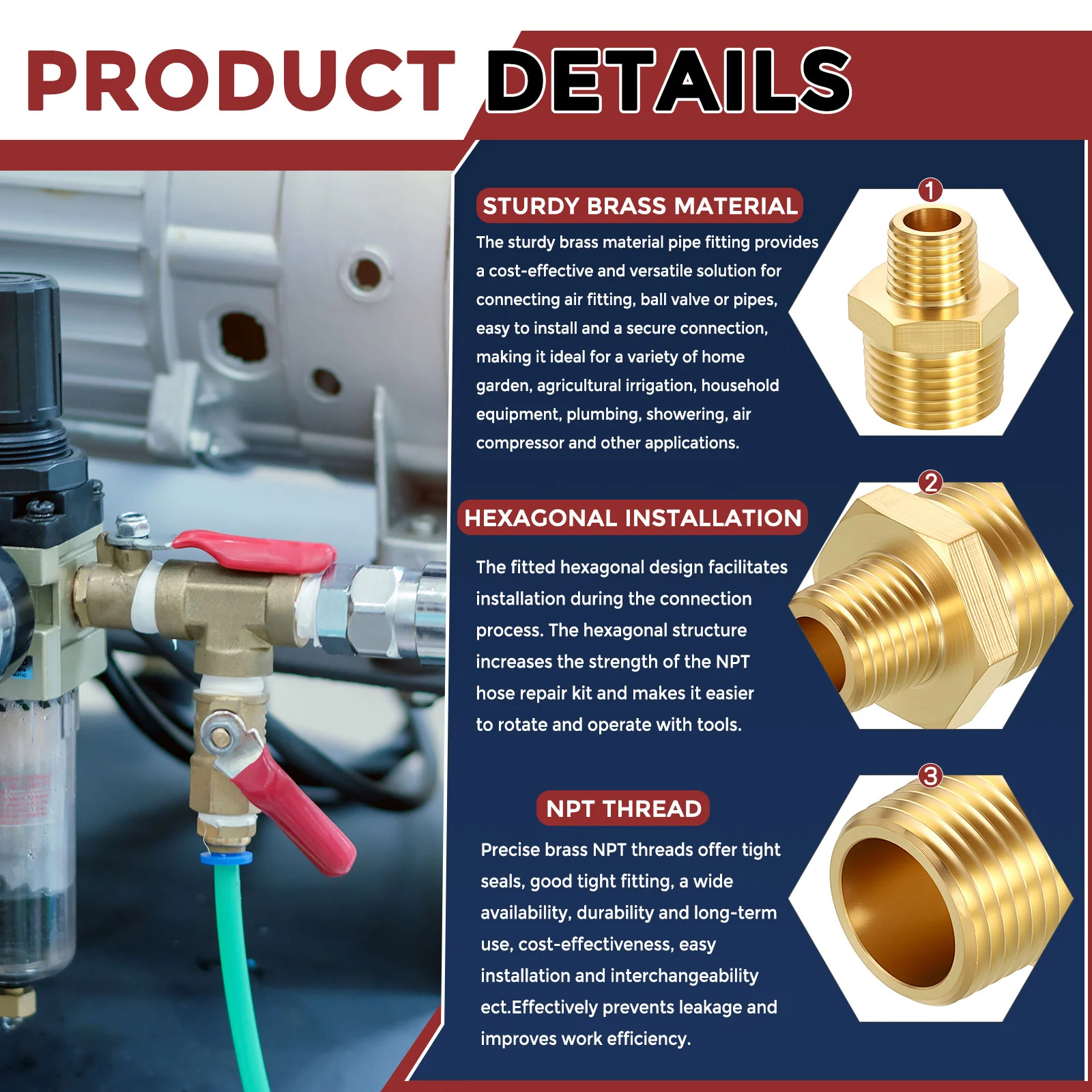 Pack of 4, 3/8" MNPT x 1/4" MNPT Solid Brass Hex Nipple Connector W/Sealing Tape - Image 4