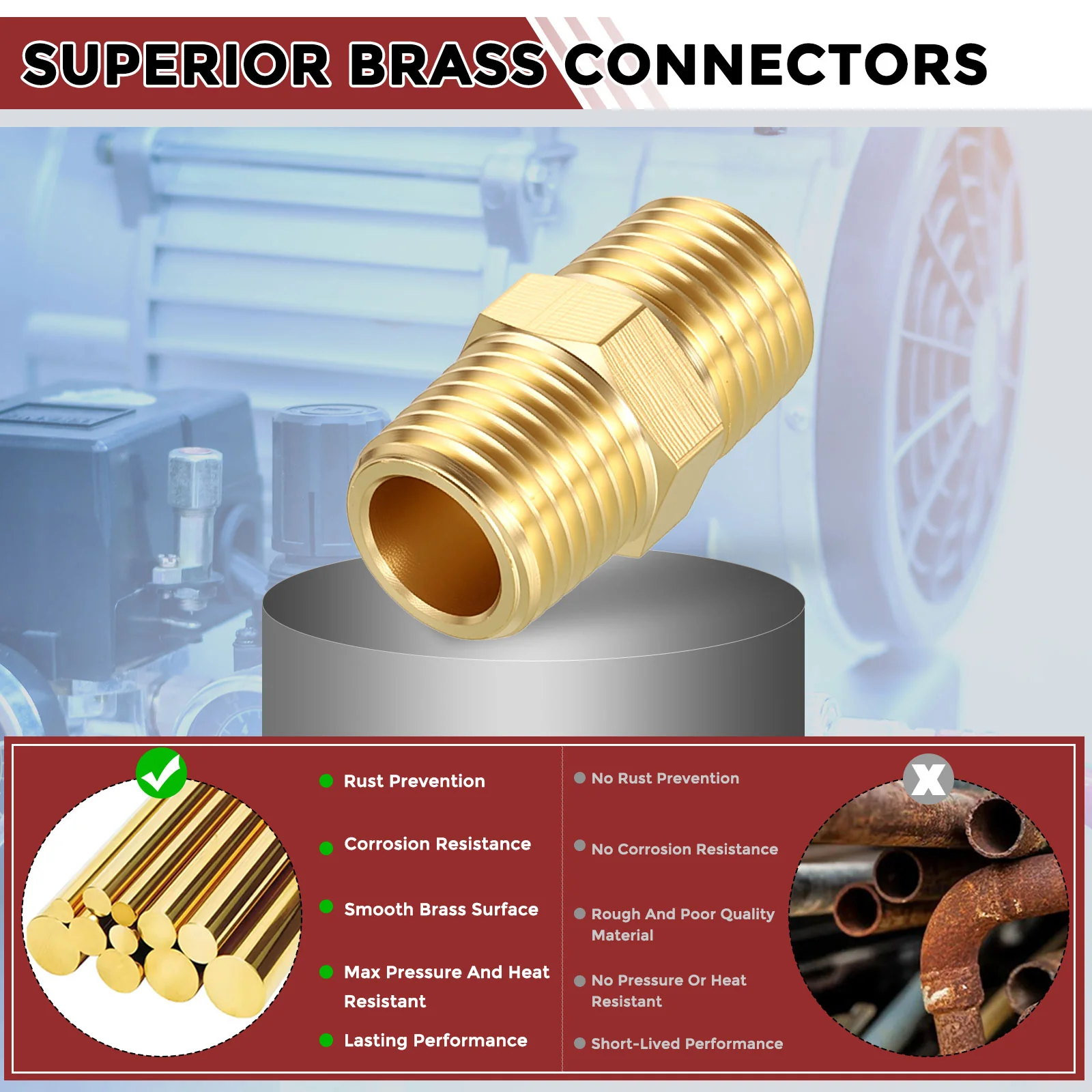 Pack of 6, 1/4" MNPT x 3/8" MNPT Solid Brass Hex Nipple Connector W/Sealing Tape - Image 5