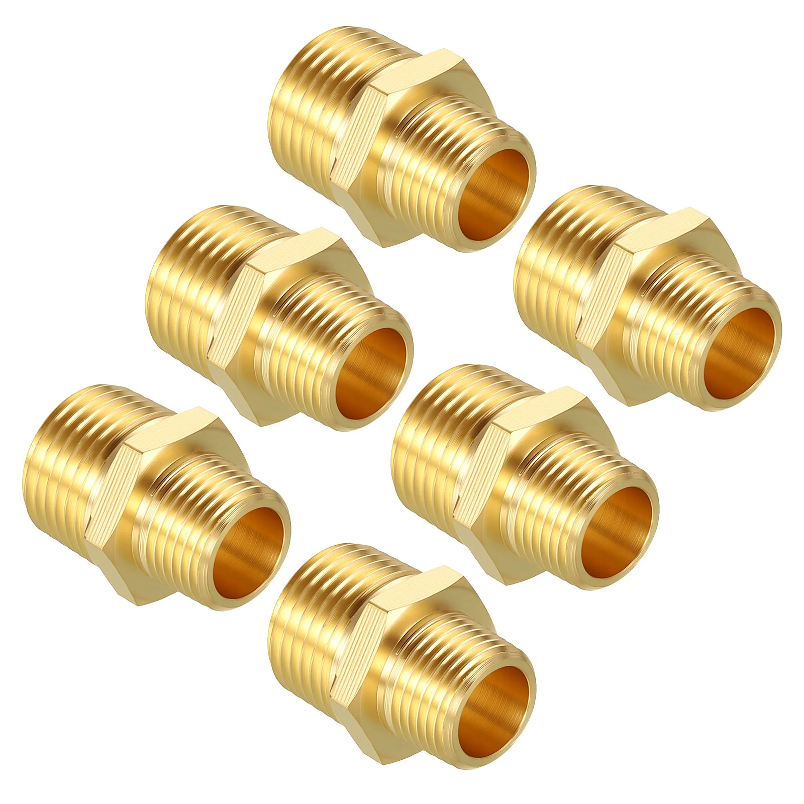 Pack of 6, 1/2" Male NPT to 3/8" Male NPT Solid Brass Hex Nipple Hose Connectors