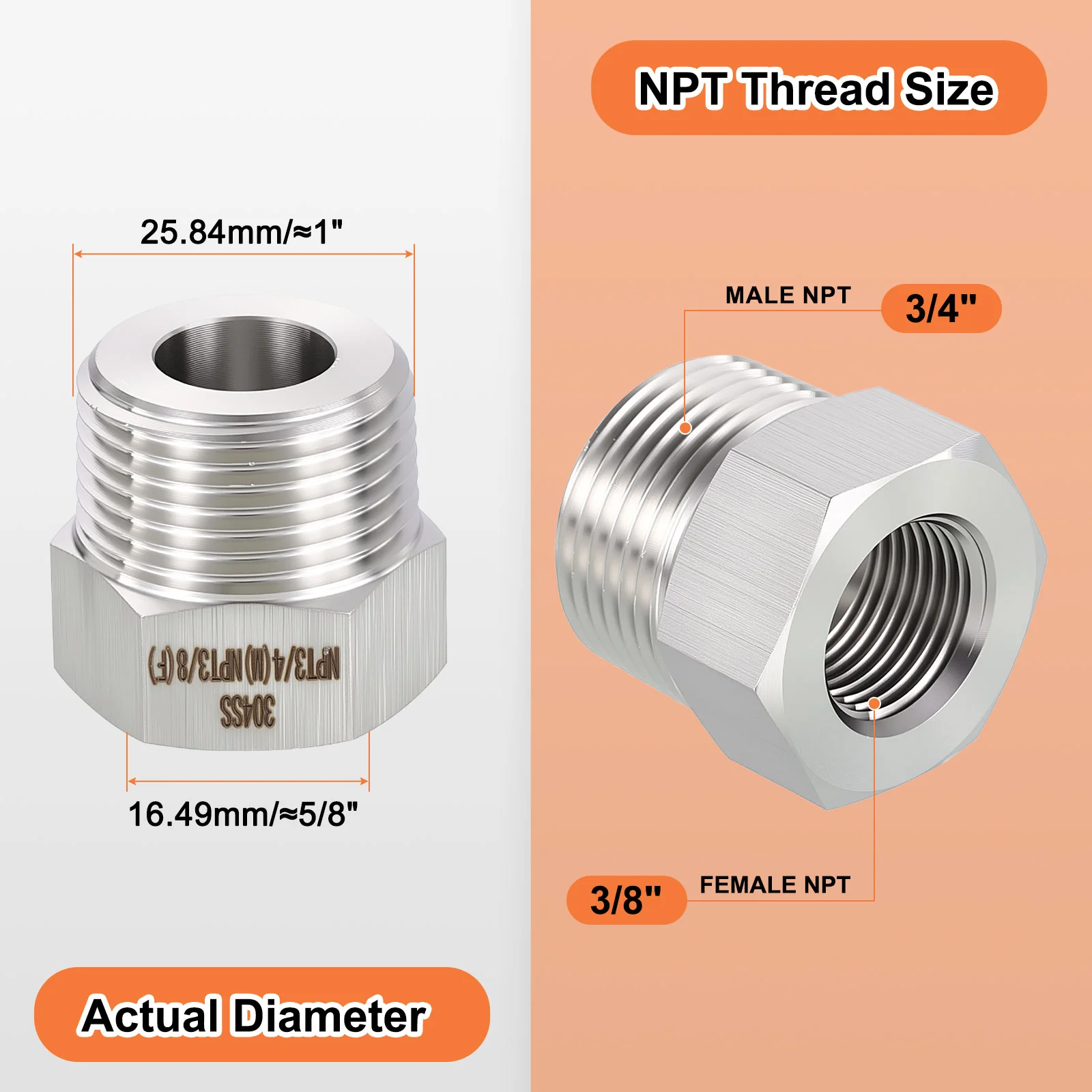 5Pack Stainless Male to FeMale Adapters, 3/4"MNPT x 3/8"FNPT Hex Bushing Reducer - Image 2