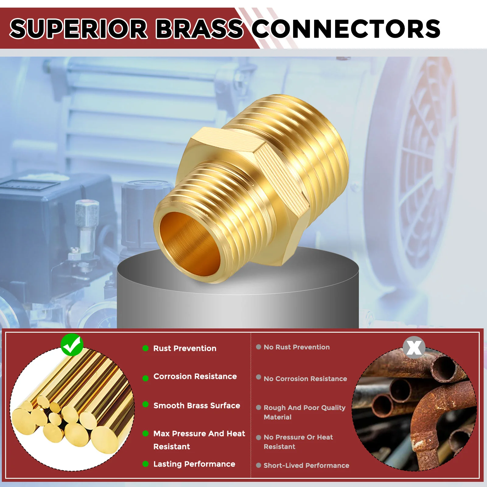 Pack of 10, 1/2"MNPT x 3/8"MNPT Solid Brass Hex Nipples Connector W/Sealing Tape - Image 5