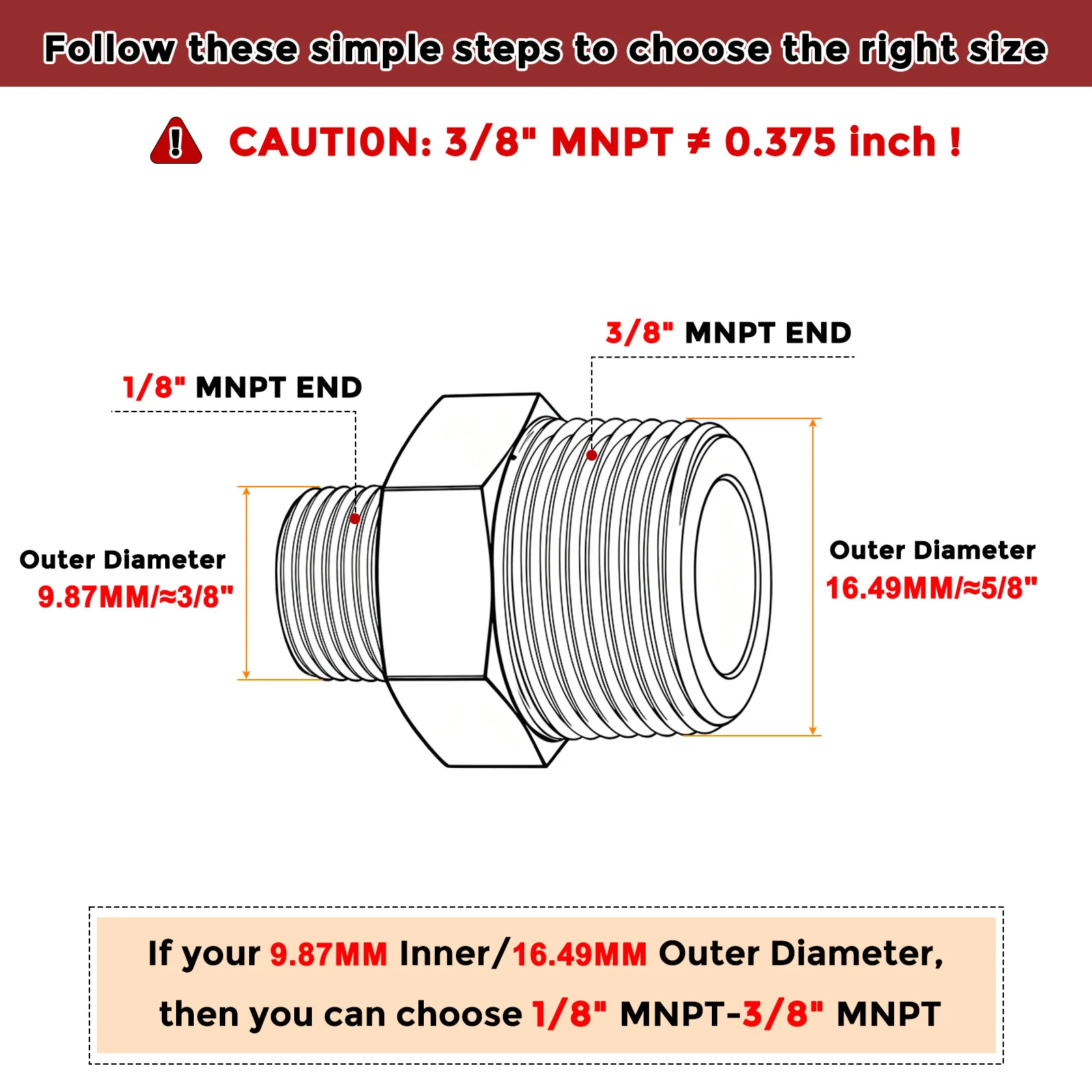 Pack of 3, 3/8" Male NPT to 1/8" Male NPT Solid Brass Hex Nipple Hose Connectors - Image 2