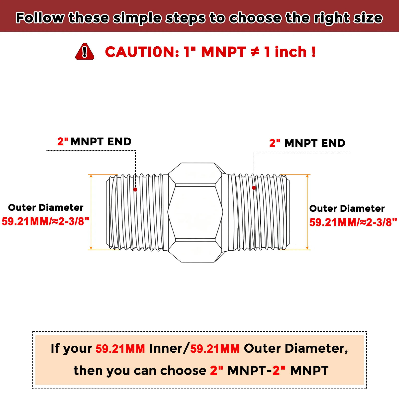 Pack of 1, 2" MNPT to 2" MNPT Solid Stainless Hex Nipple Hose Connectors - Image 2