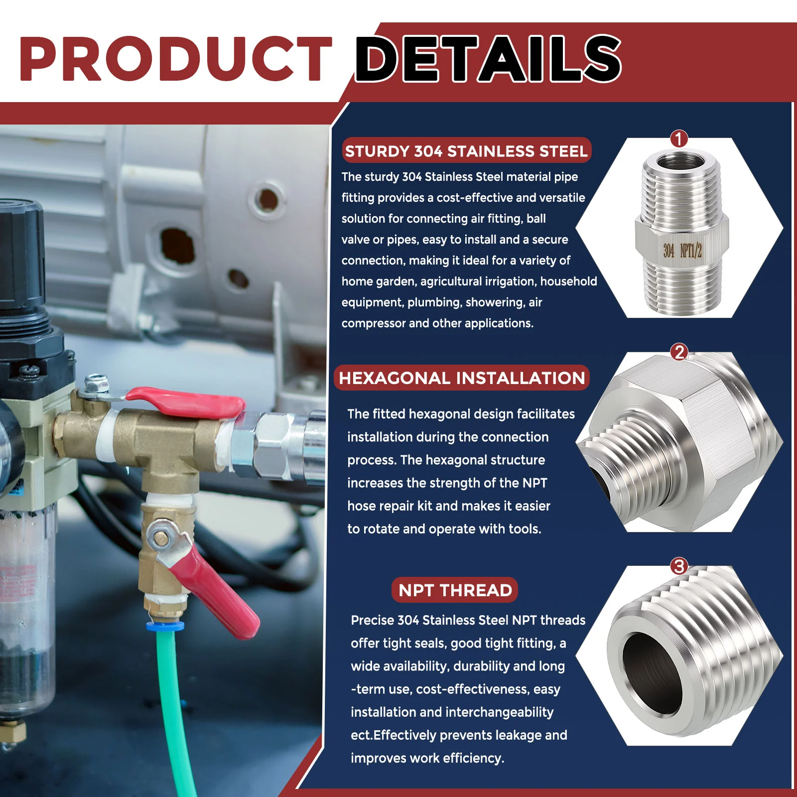 Packs of 3, 1/2" Male NPT To 3/8" Male NPT Stainless Steel Hose Adapters - Image 4