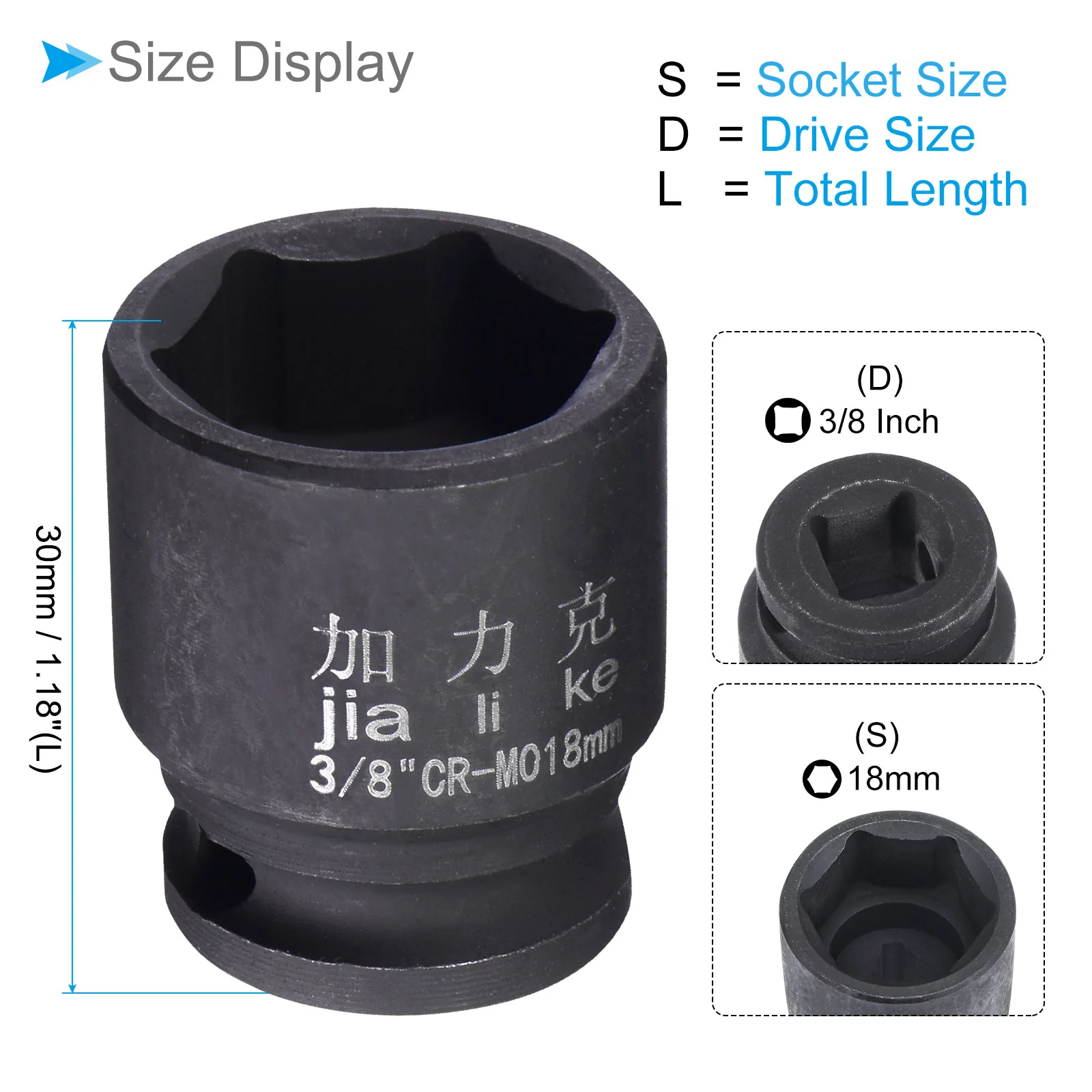 6-Point Shallow Impact Socket 3/8-Inch Drive 18mm Socket Cr-Mo Spindle Axle Nut - Image 2