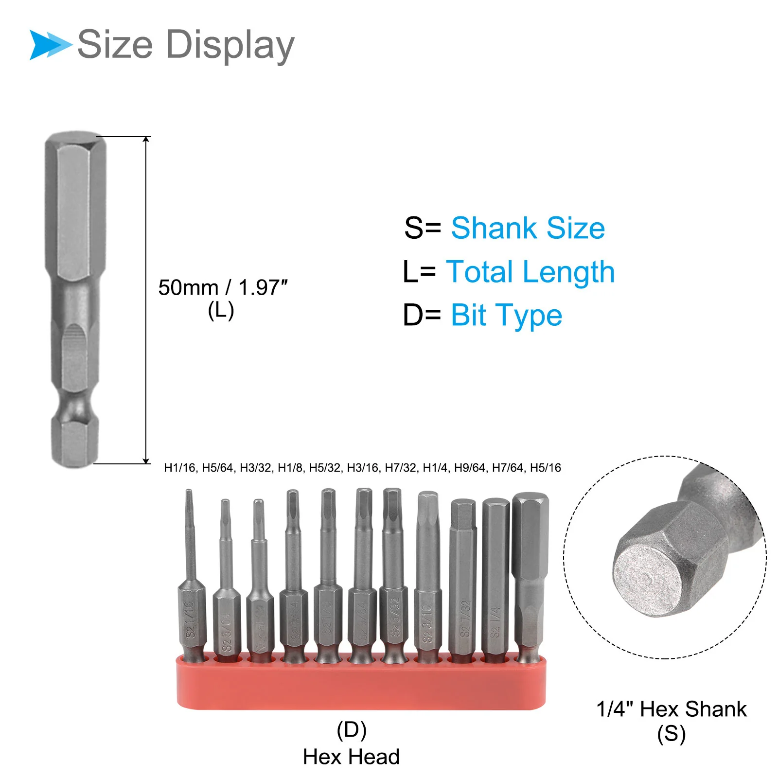 Hex Head Wrench Bit Set 1/16"-5/16" Hex Head 2" L Steel Screwdriver Bit 11Pcs - Image 2