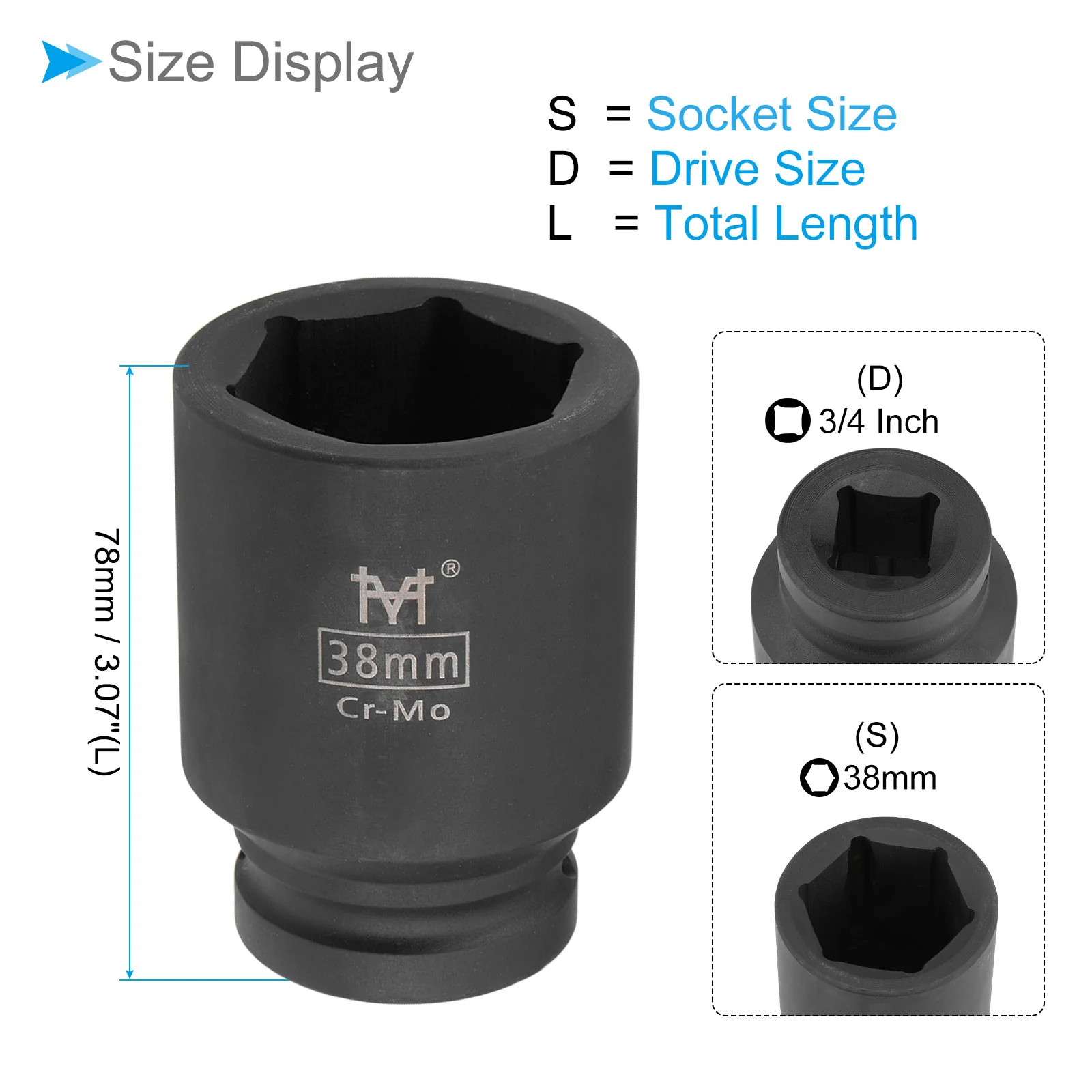 6-Point Deep Impact Socket 3/4-Inch Drive 38mm Socket Cr-Mo Spindle Axle Nut - Image 2