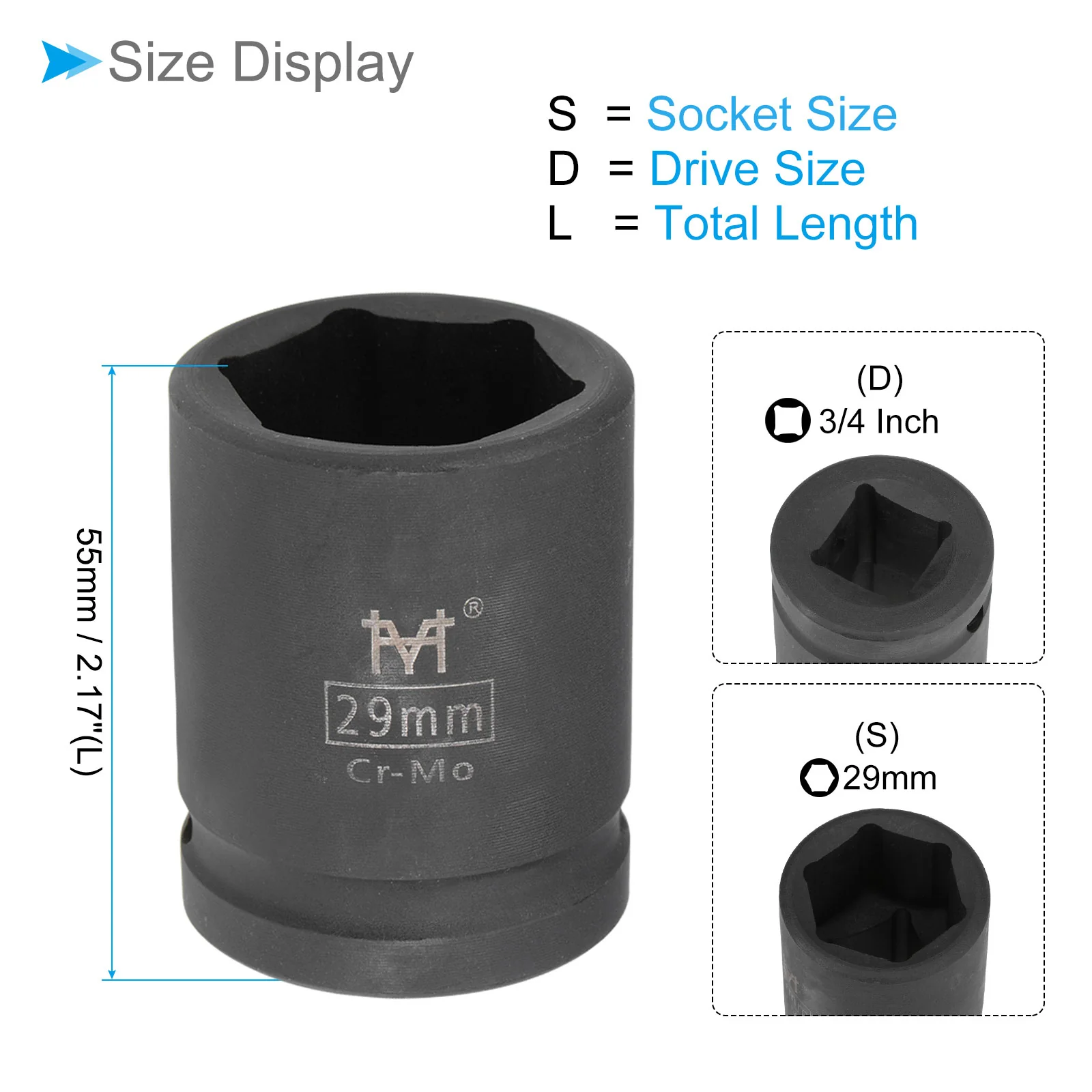 6-Point Shallow Impact Socket 3/4-Inch Drive 29mm Socket Cr-Mo Axle Nut - Image 2