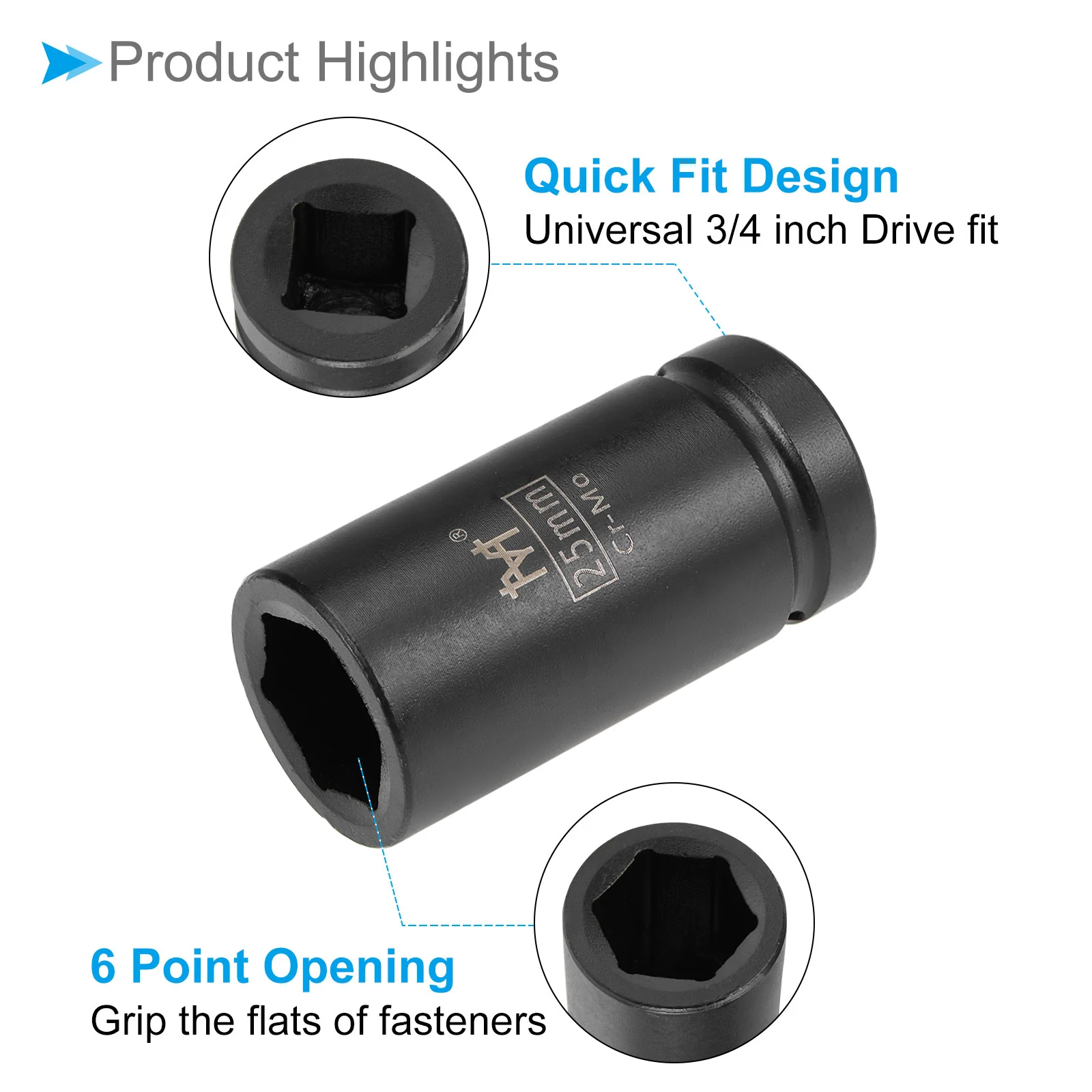 6-Point Deep Impact Socket 3/4-Inch Drive 25mm Socket Cr-Mo Spindle Axle Nut - Image 5