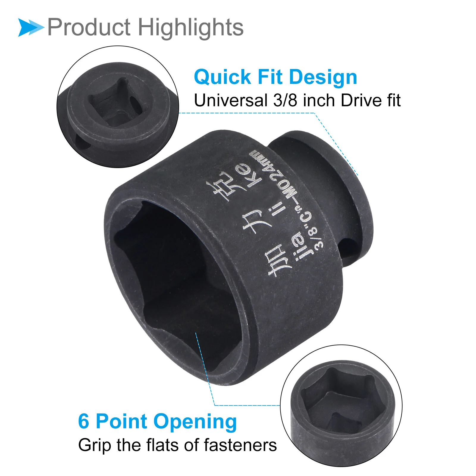 6-Point Shallow Impact Socket 3/8-Inch Drive 24mm Socket Cr-Mo Spindle Axle Nut - Image 5