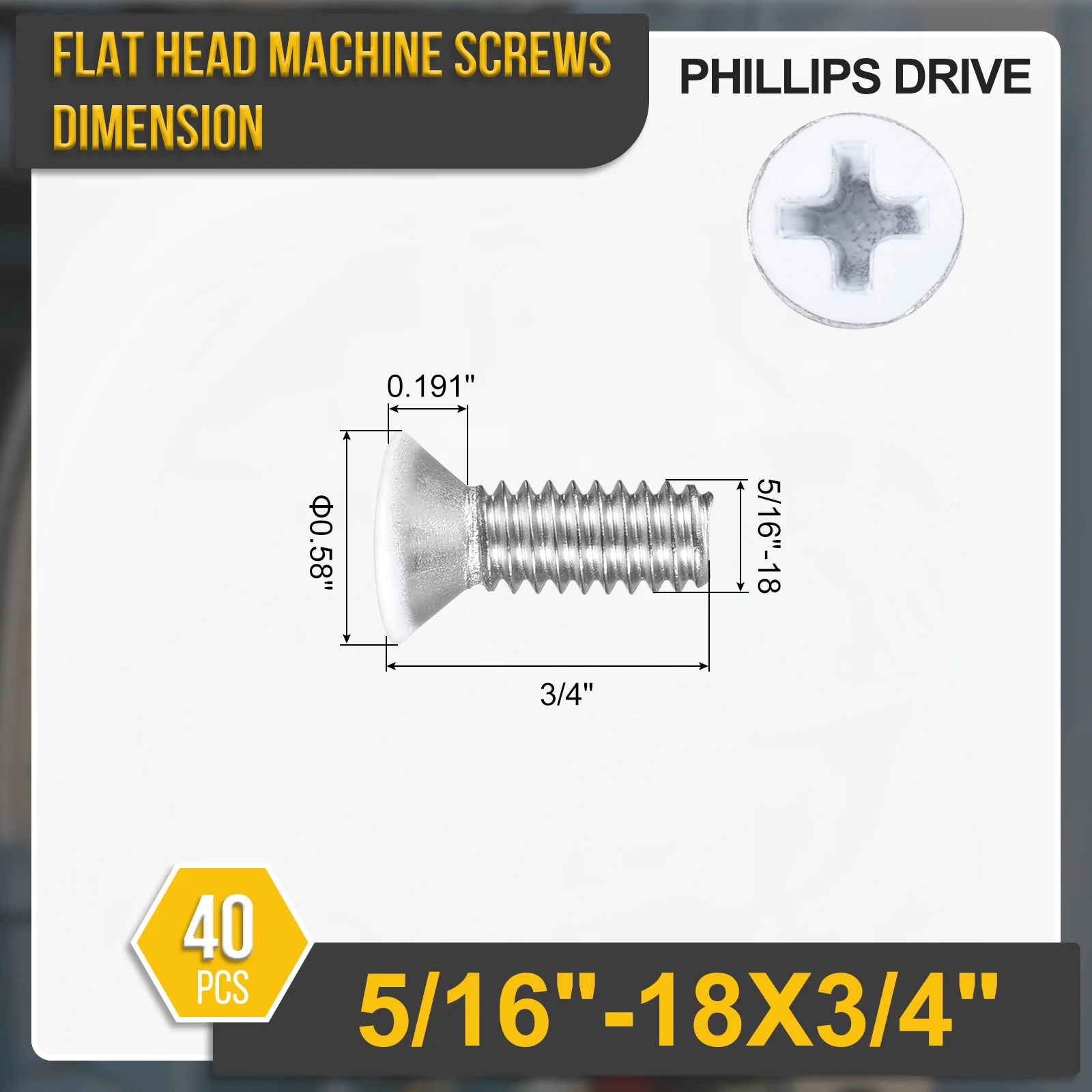 5/16"-18x3/4" Flat Head Machine Screws -40pcs -304 Stainless Steel -White Head - Image 2