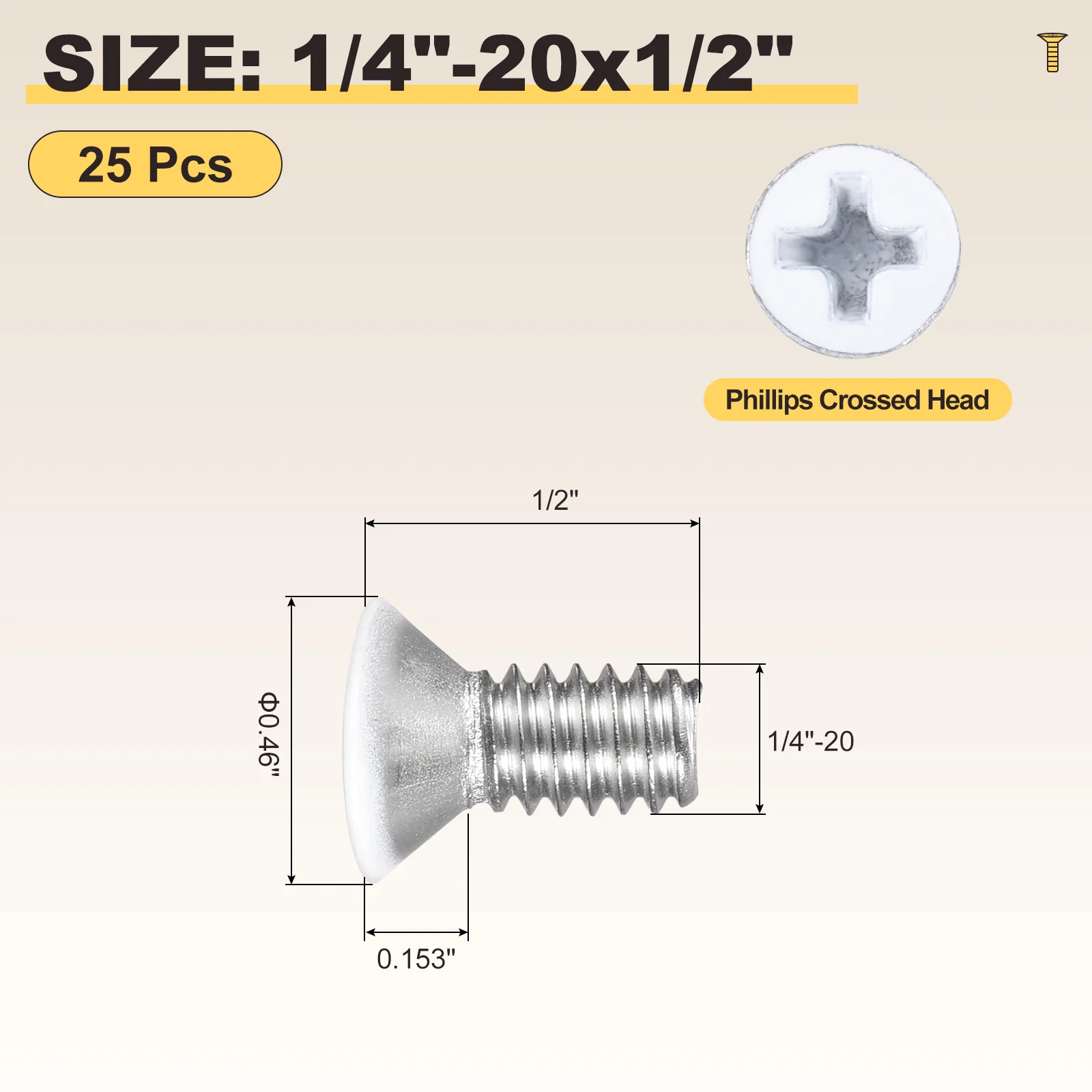 Countersunk Head Bolts 1/4"-20x1/2" 25Pcs Stainless Steel for Home White Head - Image 2