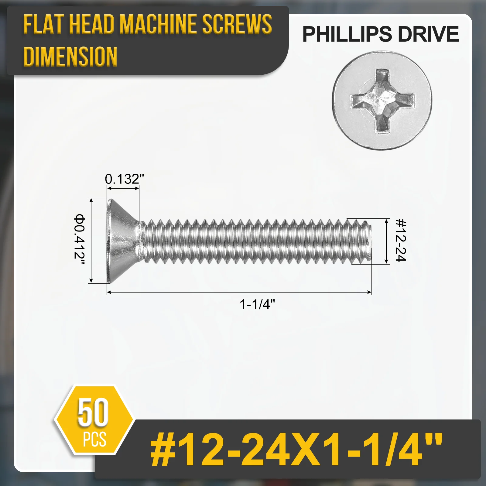 #12-24x1-1/4" Flat Head Machine Screws -50pcs -304 Stainless Steel -Silver - Image 2
