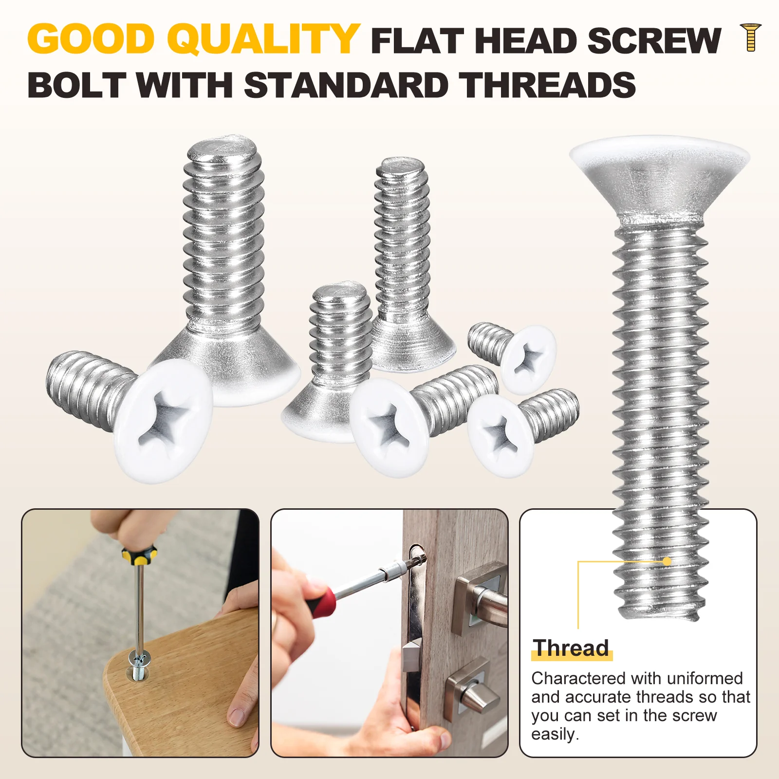 Countersunk Head Bolts 1/4"-20x1-1/2" 25Pcs Stainless Steel for Home White Head - Image 5