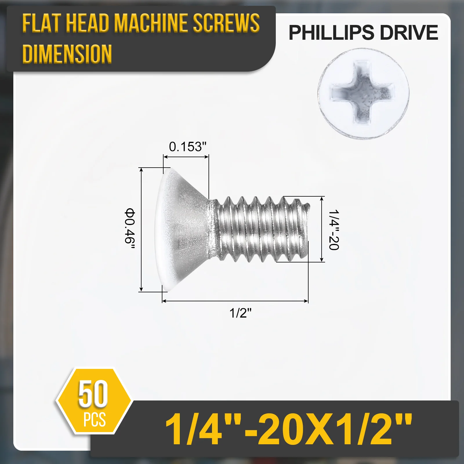1/4"-20x1/2" Flat Head Machine Screws -50pcs -304 Stainless Steel -White Head - Image 2