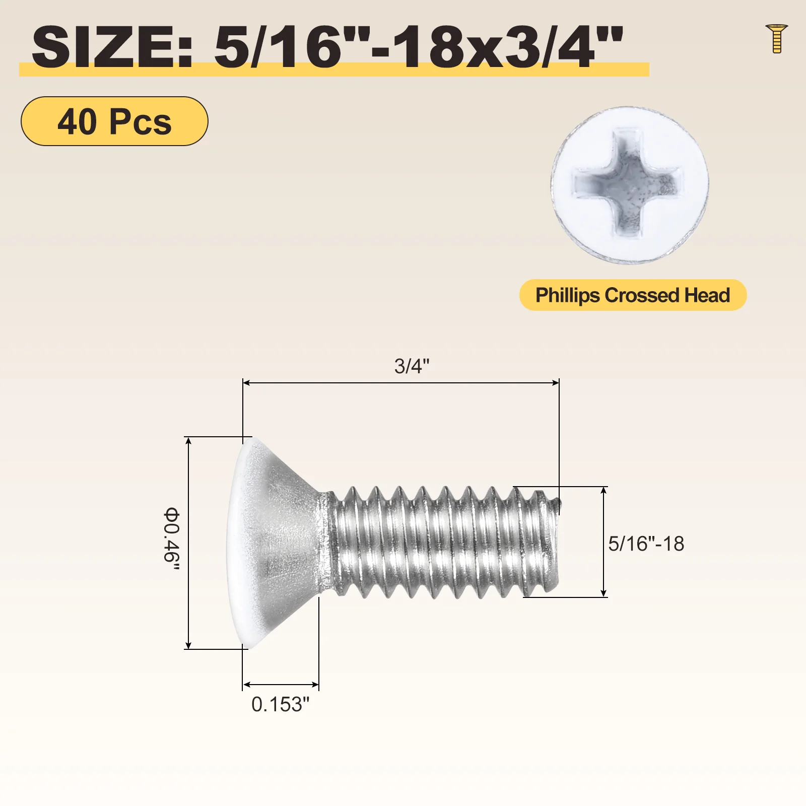 Countersunk Head Bolts 5/16"-18x3/4" 40Pcs Stainless Steel for Home White Head - Image 2
