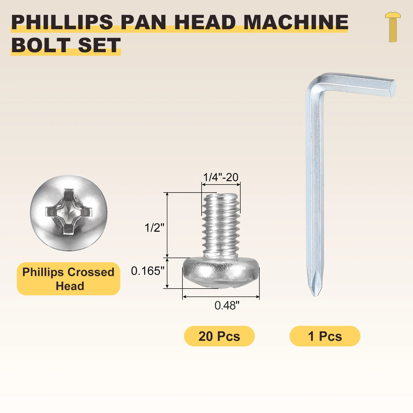 Cross Drive Pan Head Bolt 1/4"-20x1/2" 20Pcs Stainless Steel Wrench for Window - Image 2