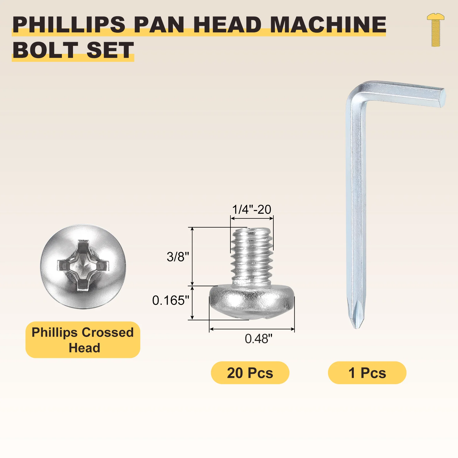 Cross Drive Pan Head Bolt 1/4"-20x3/8" 20Pcs Stainless Steel Wrench for Window - Image 2