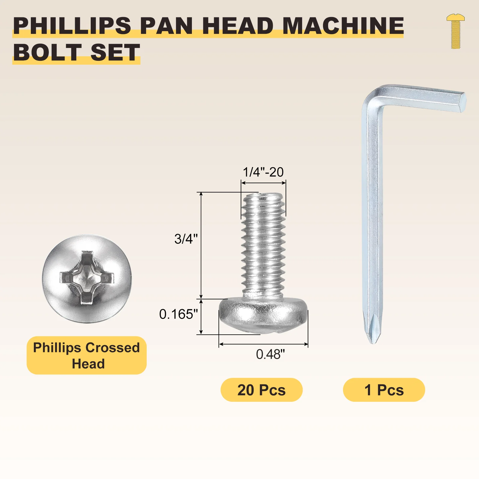 Cross Drive Pan Head Bolt 1/4"-20x3/4" 20Pcs Stainless Steel Wrench for Window - Image 2