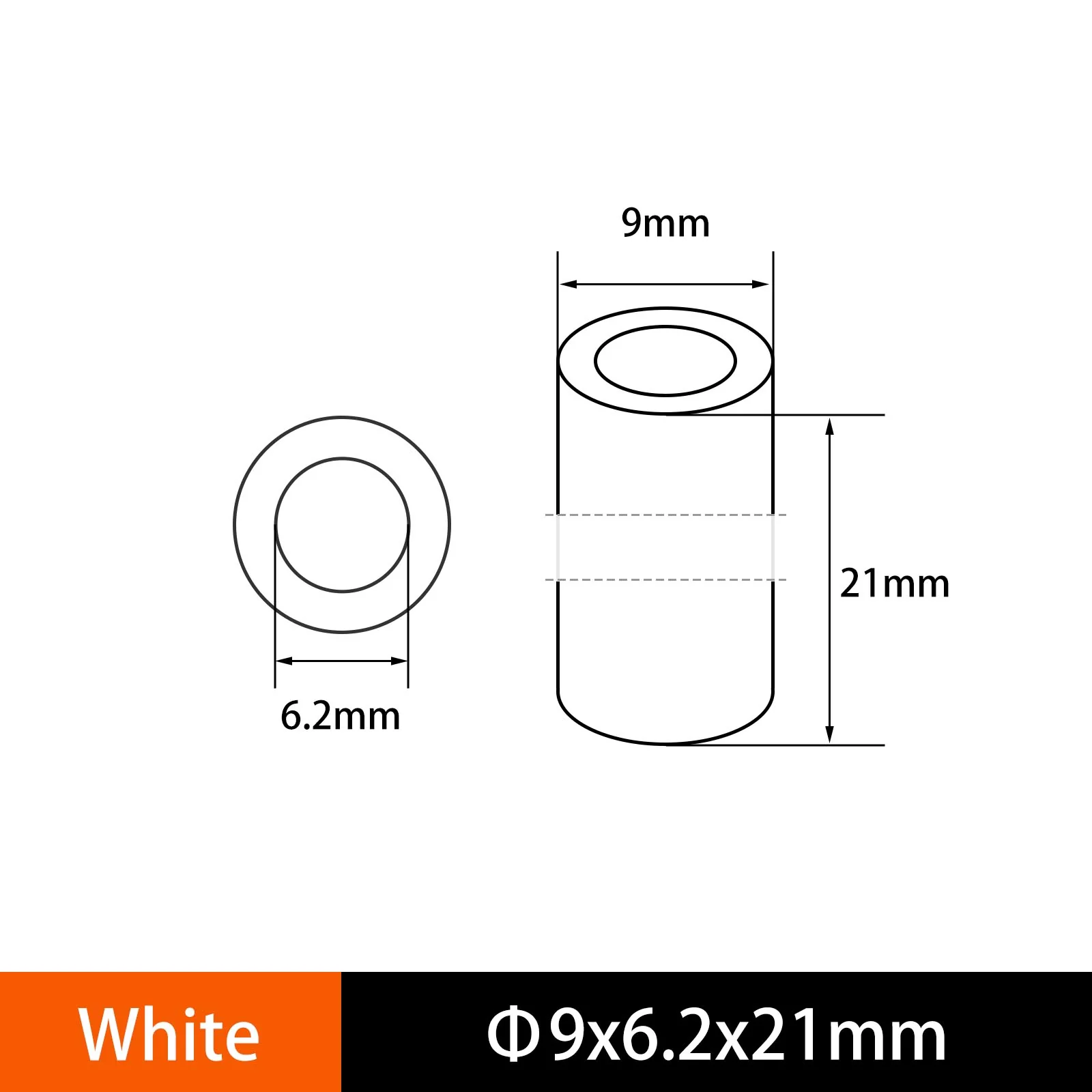 ABS Round Unthreaded Spacers 9mm OD, 5.2mm/6.2mm ID White - Image 86