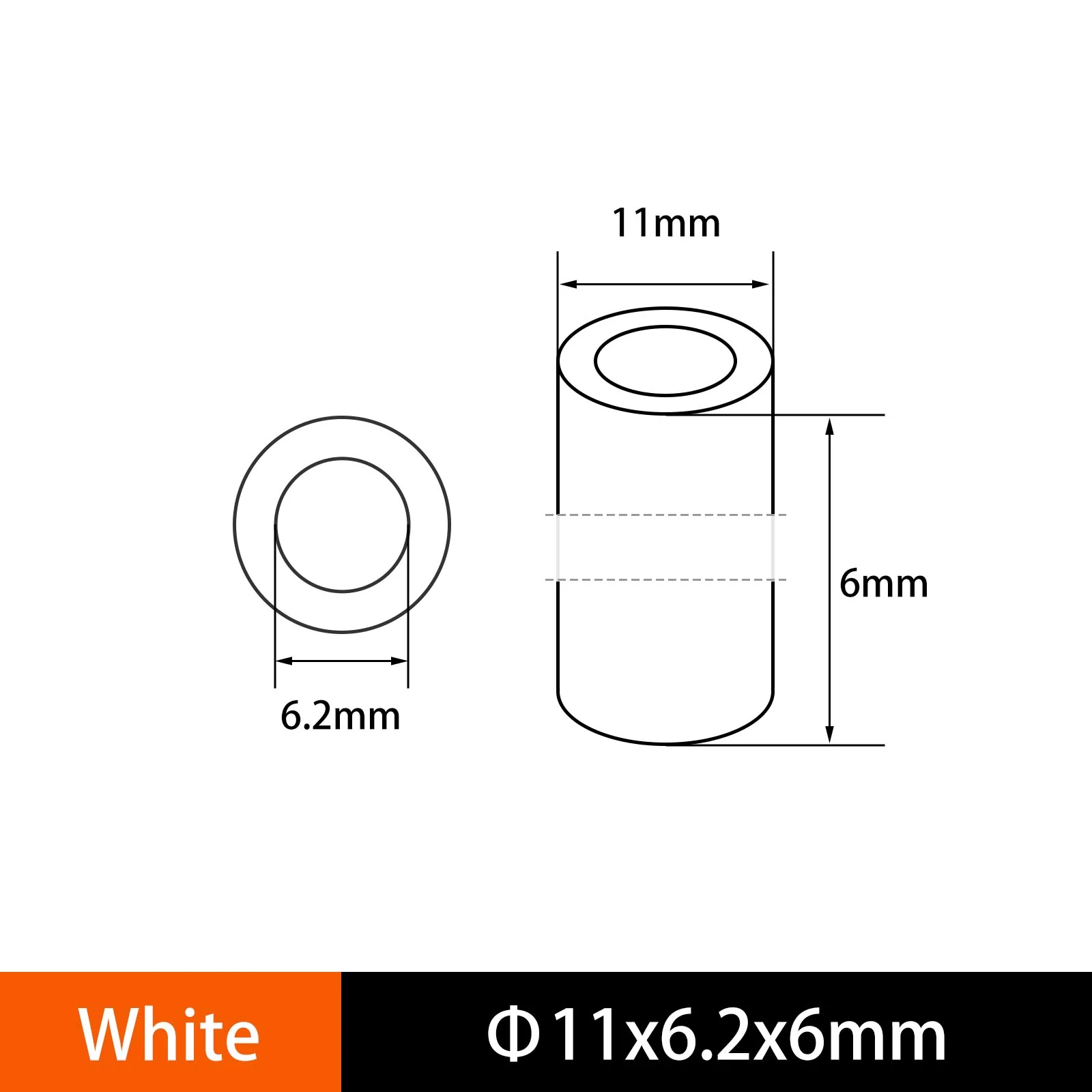 ABS Round Unthreaded Spacers 11mm to 18mm OD, 5.2mm to 10.2mm ID White - Image 84