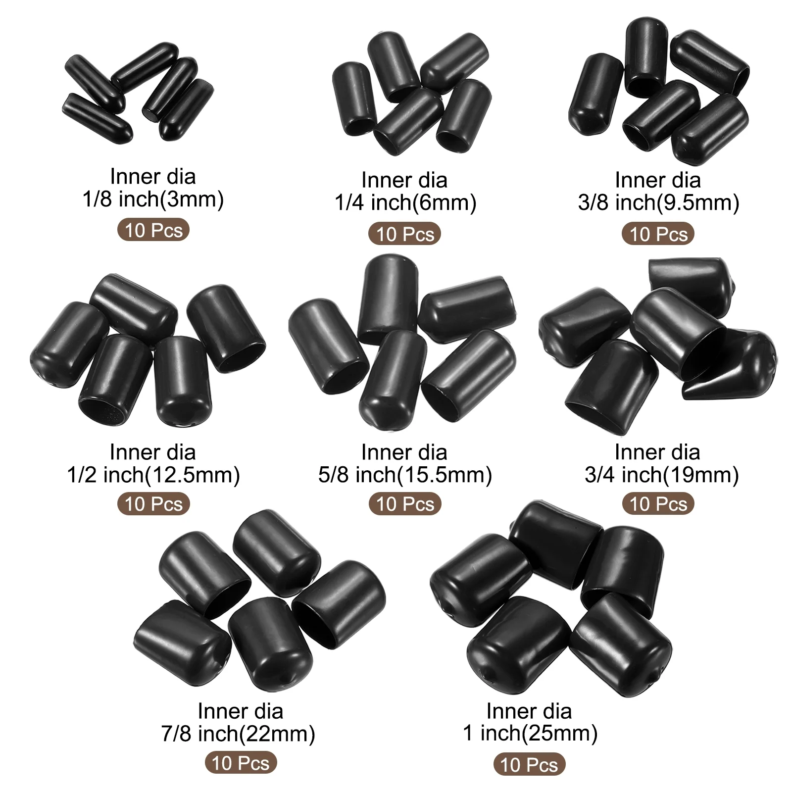 80pcs Round End Protective Caps 3mm 6mm 9.5mm 12.5mm 15.5mm 19mm 22mm 25mm Black - Image 2