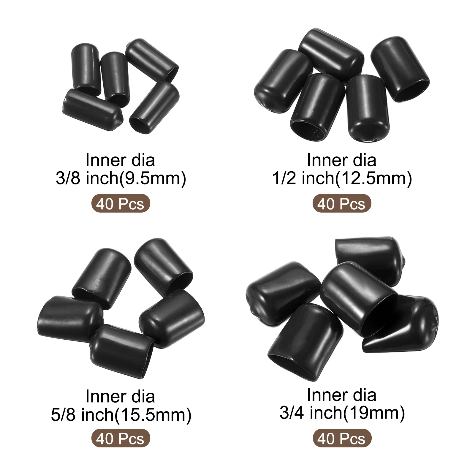 160pcs Round End Protective Caps 9.5mm 12.5mm 15.5mm 19mm Black - Image 2