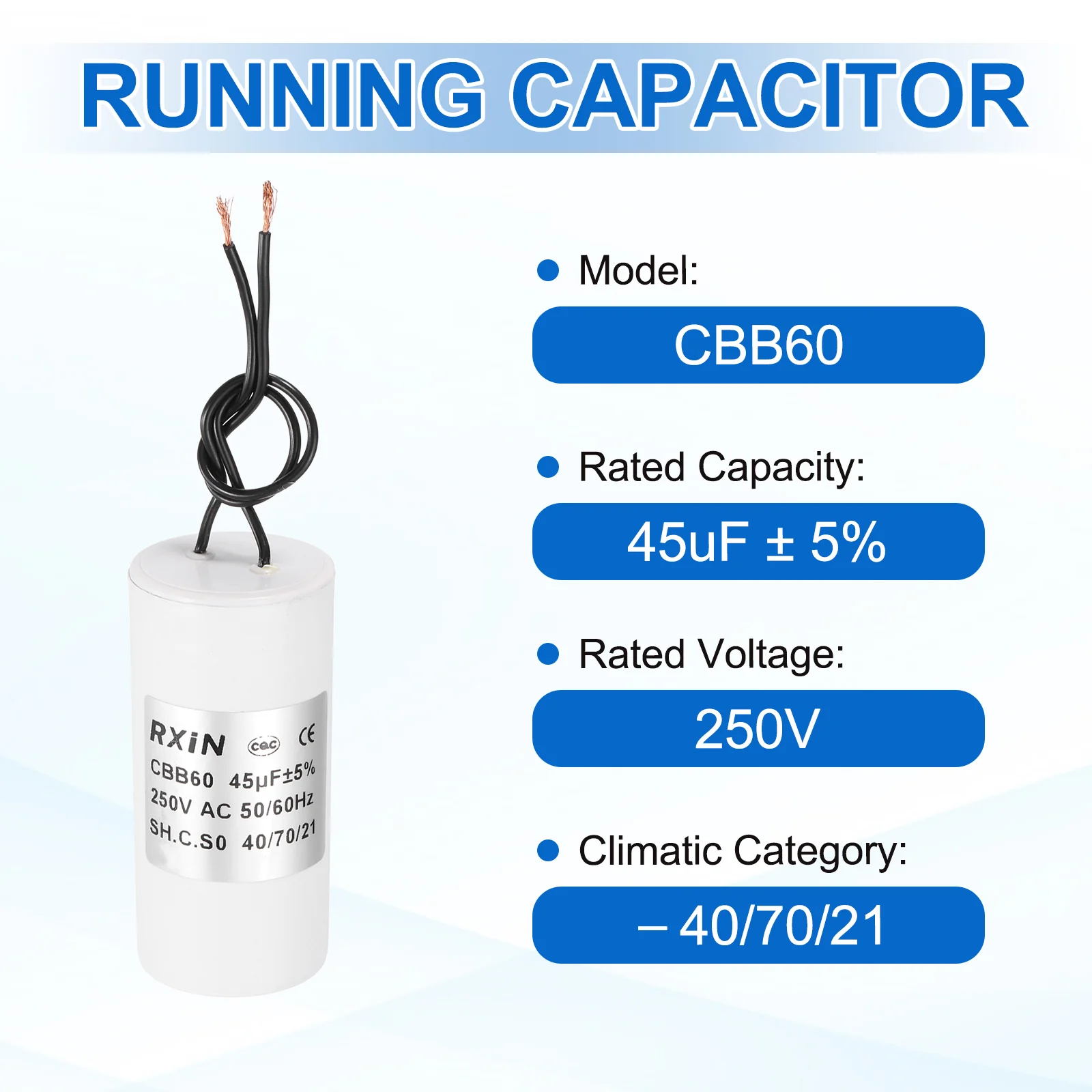 2Pcs 45UF 250V 5% Tolerance CBB60 Running Capacitor - Image 3