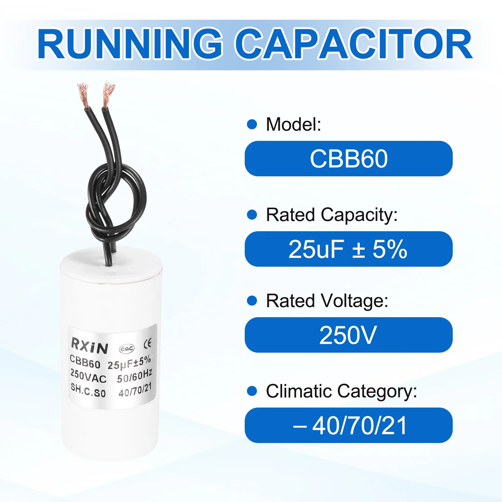 2Pcs 25UF 250V 5% Tolerance CBB60 Running Capacitor - Image 3