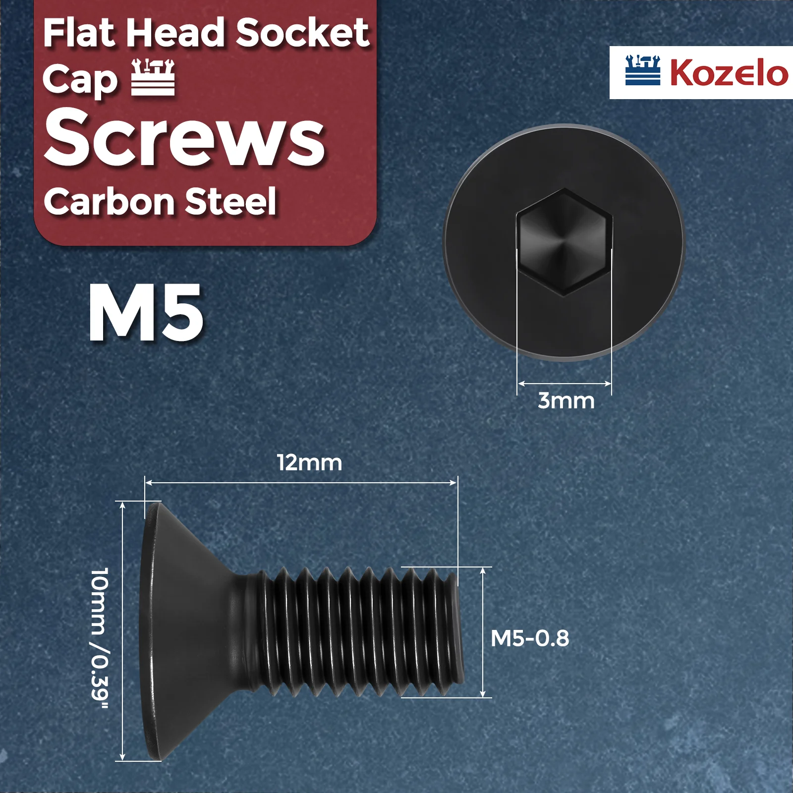 100Pcs Flat Head Socket Cap Screws-[M5-0.8x12], Carbon Steel Bolts, Black - Image 2