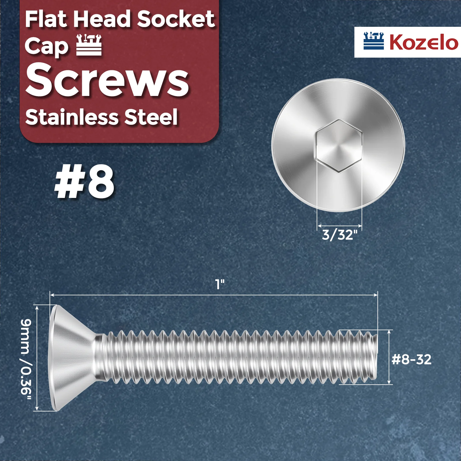 50Pcs Flat Head Socket Cap Screws-[#8-32x1"], 304 Stainless Bolts Silver - Image 2