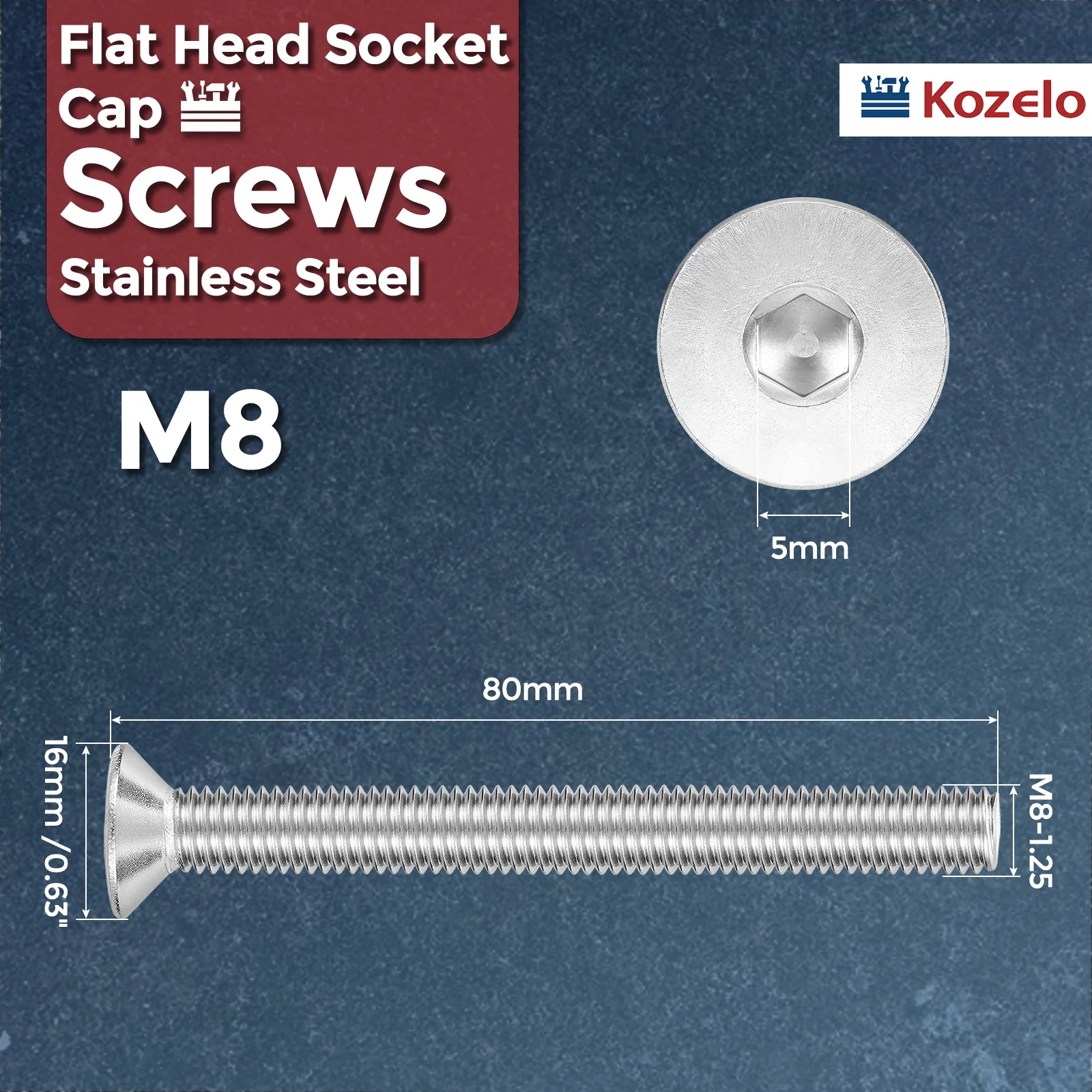 4Pcs Flat Head Socket Cap Screws - [M8 x 1.25x80mm], 304 Stainless Bolts Silver - Image 2