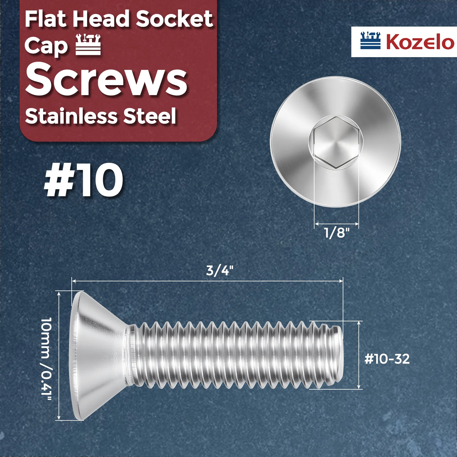 50Pcs Flat Head Socket Cap Screws-[#10-32x3/4"], 304 Stainless Bolts Silver - Image 2