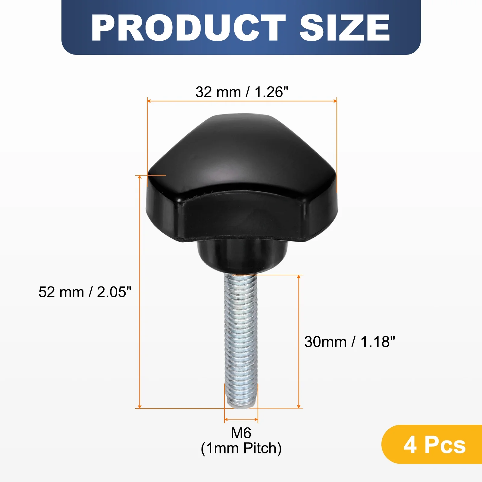 4 Pcs M6 x 30mm Male Thread Triangle Handle Knobs Hand Clamping Screws Black - Image 2