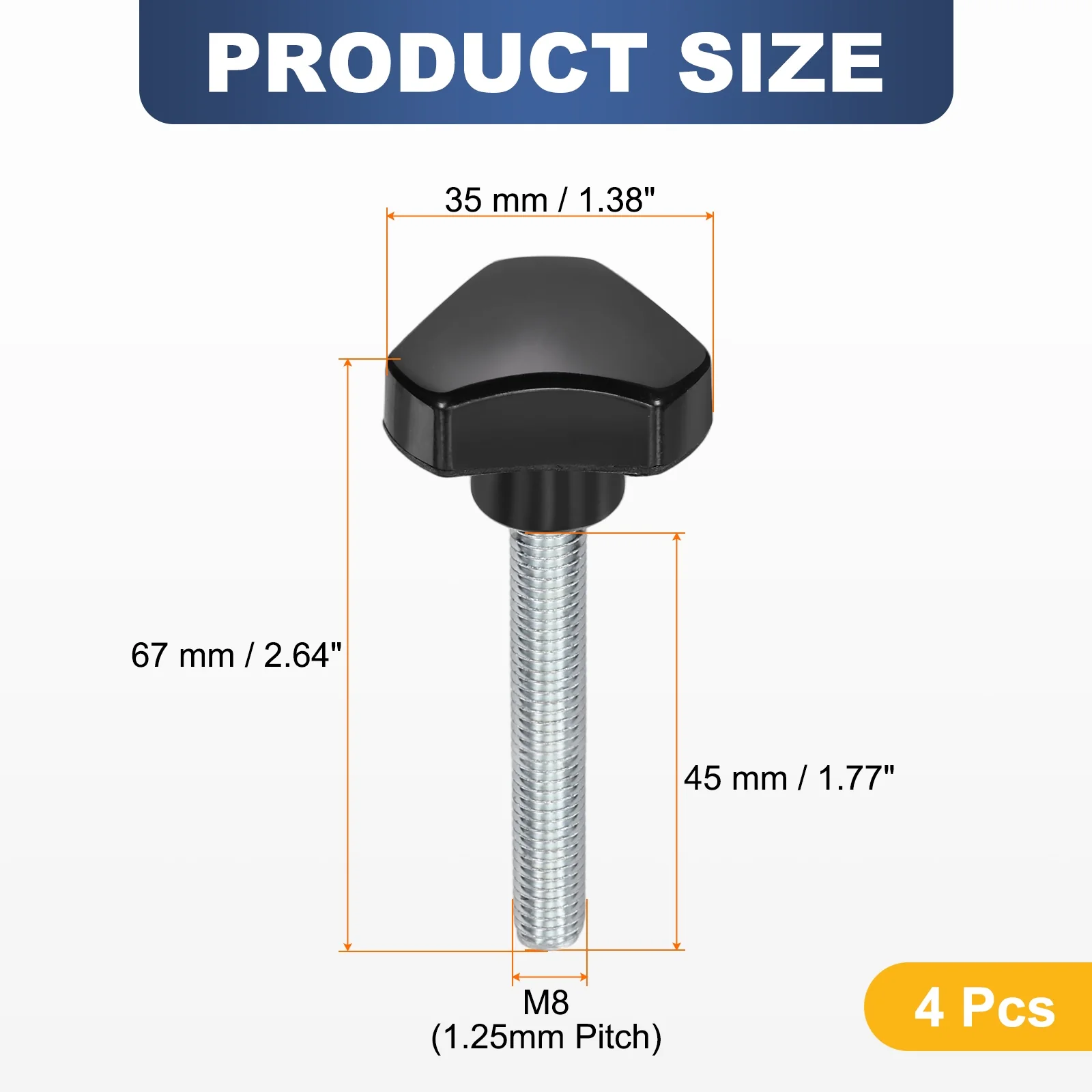 4 Pcs M8 x 45mm Male Thread Triangle Handle Knobs Hand Clamping Screws Black - Image 2