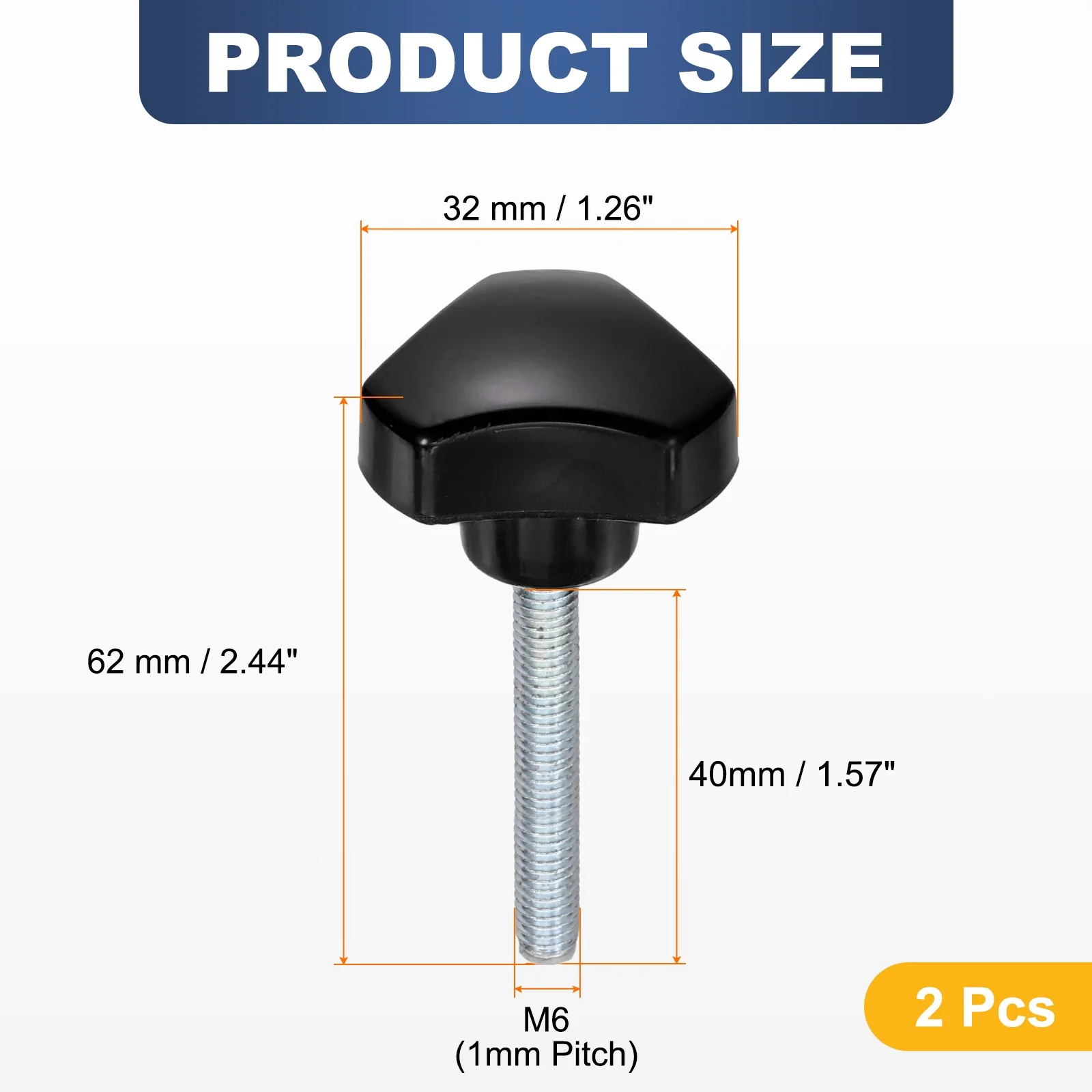 2 Pcs M6 x 40mm Male Thread Triangle Handle Knobs Hand Clamping Screws Black - Image 2